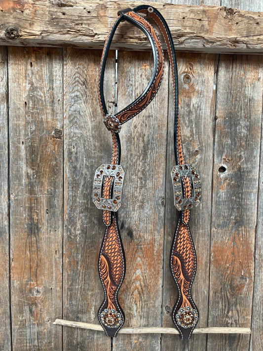 Brown Leaf Scalloped Champagne an Topaz One Ear Headstall #OE105 - RODEO DRIVE
