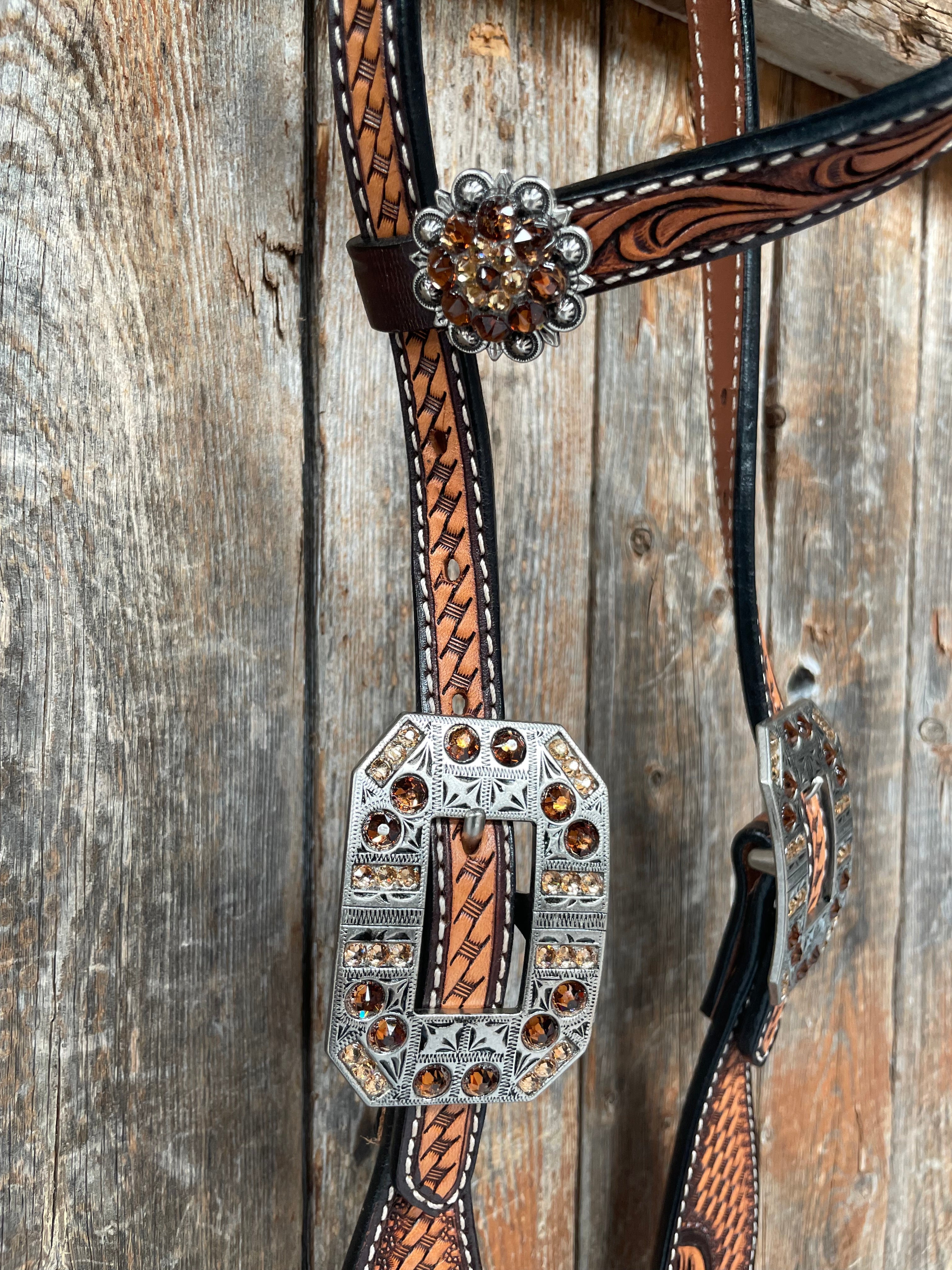 Brown Leaf Scalloped Champagne an Topaz One Ear Headstall #OE105 - RODEO DRIVE