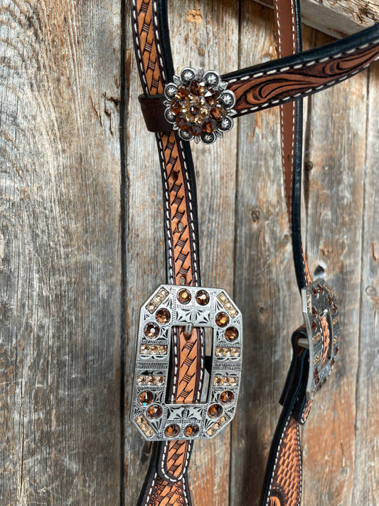 Brown Leaf Scalloped Champagne an Topaz One Ear Headstall #OE105 - RODEO DRIVE