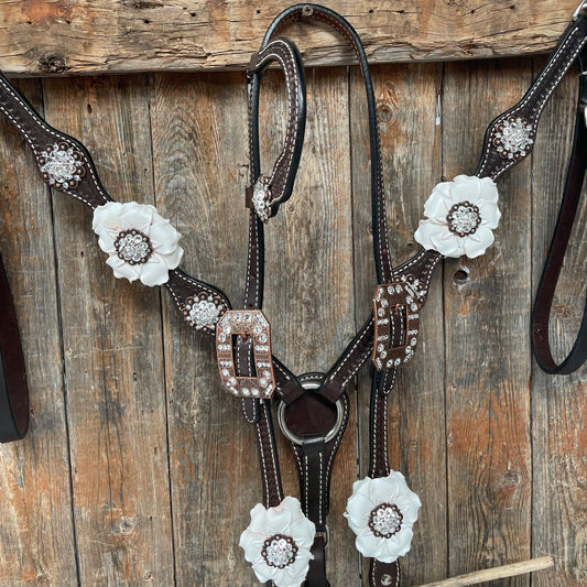 Dark Oil Basketweave White Browband/One Ear Tack Set with Witherstrap #BBBC453 - RODEO DRIVE