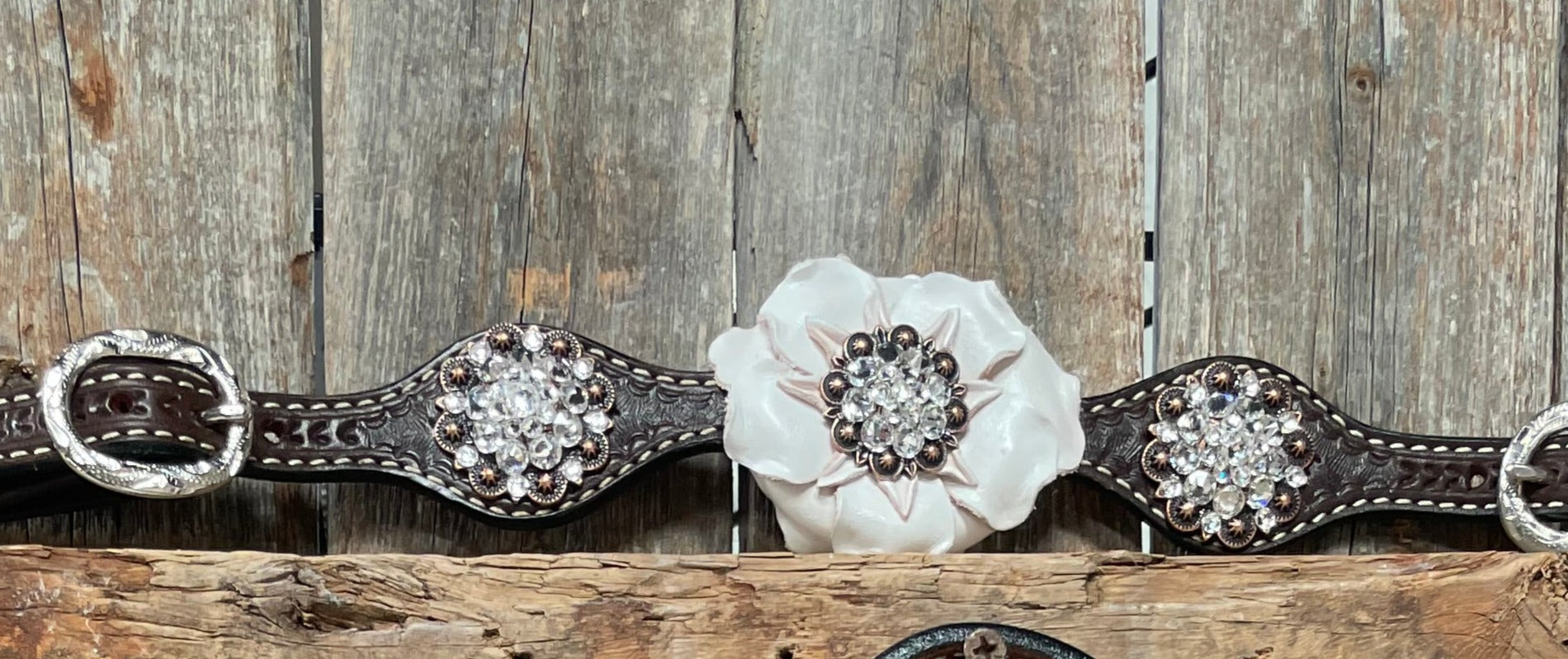 Dark Oil Basketweave White Browband/One Ear Tack Set with Witherstrap #BBBC453 - RODEO DRIVE