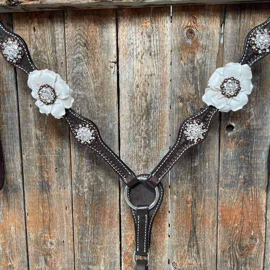 Dark Oil Basketweave White Browband/One Ear Tack Set with Witherstrap #BBBC453 - RODEO DRIVE