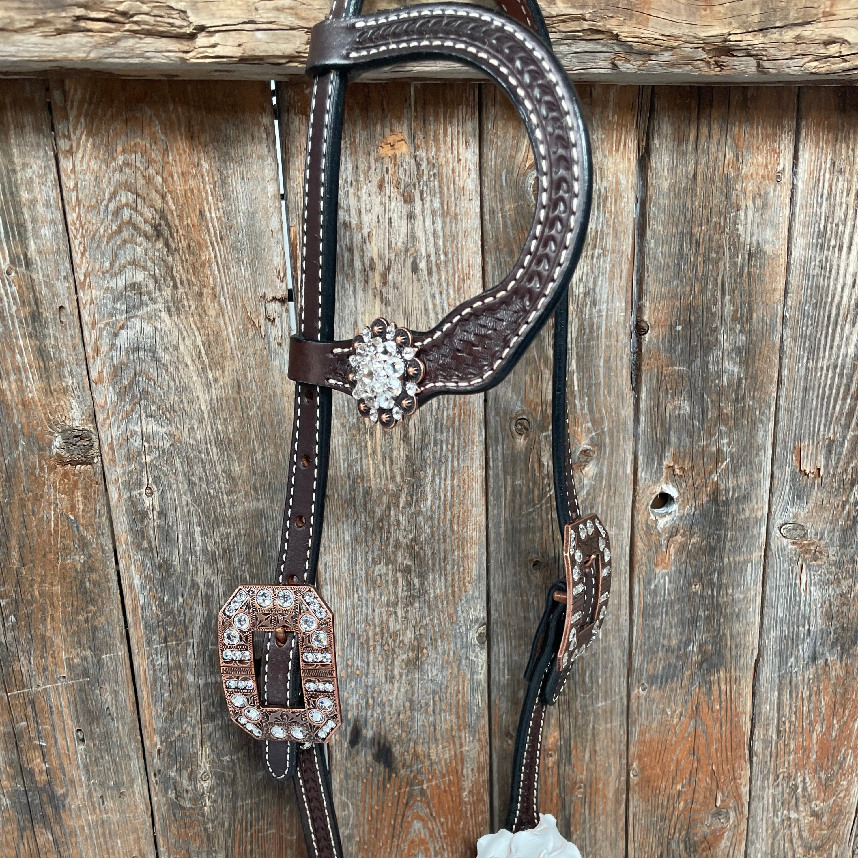 Dark Oil Basketweave White Browband/One Ear Tack Set with Witherstrap #BBBC453 - RODEO DRIVE