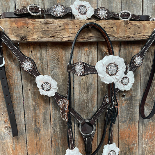 Dark Oil Basketweave White Browband/One Ear Tack Set with Witherstrap #BBBC453 - RODEO DRIVE