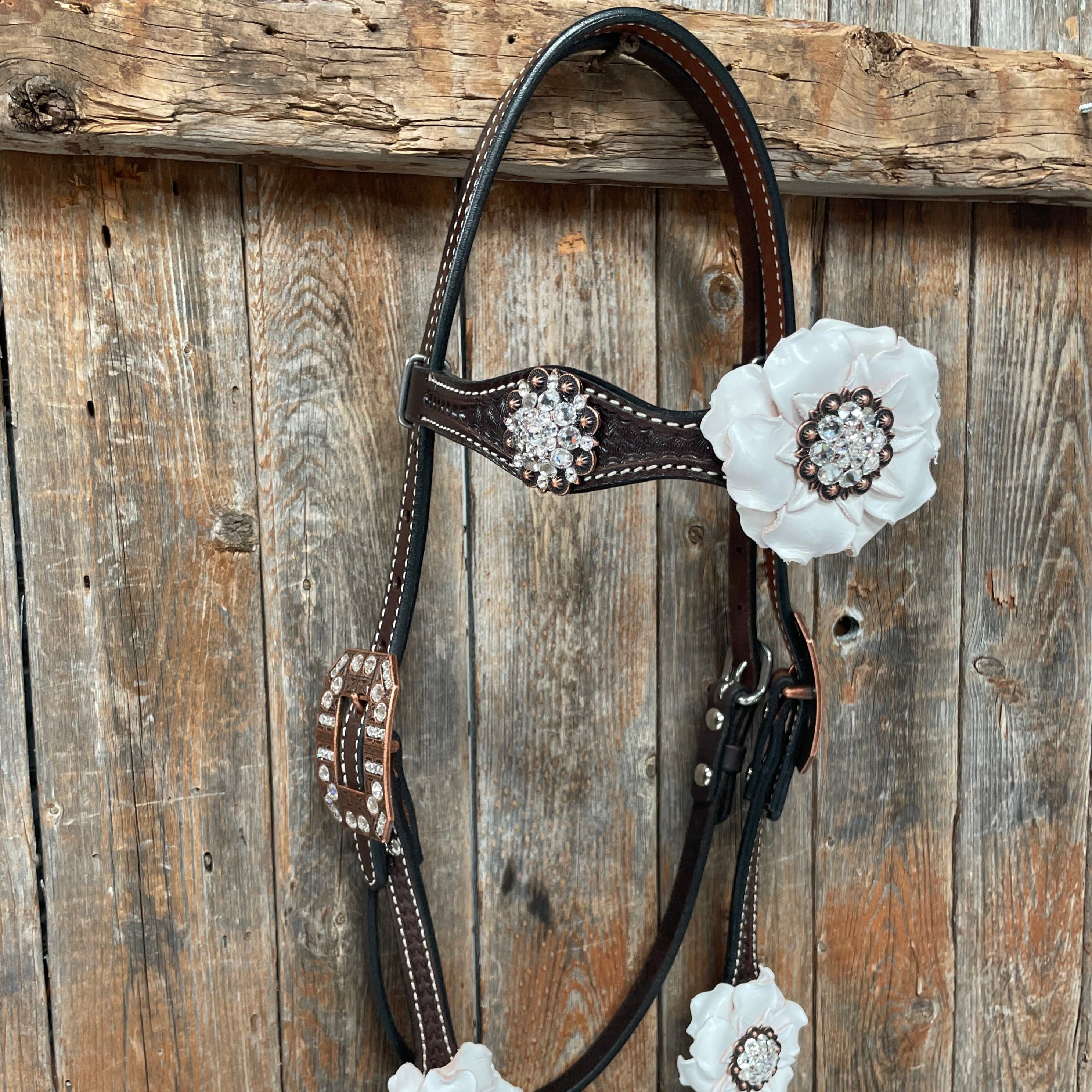 Dark Oil Basketweave White Browband/One Ear Tack Set with Witherstrap #BBBC453 - RODEO DRIVE