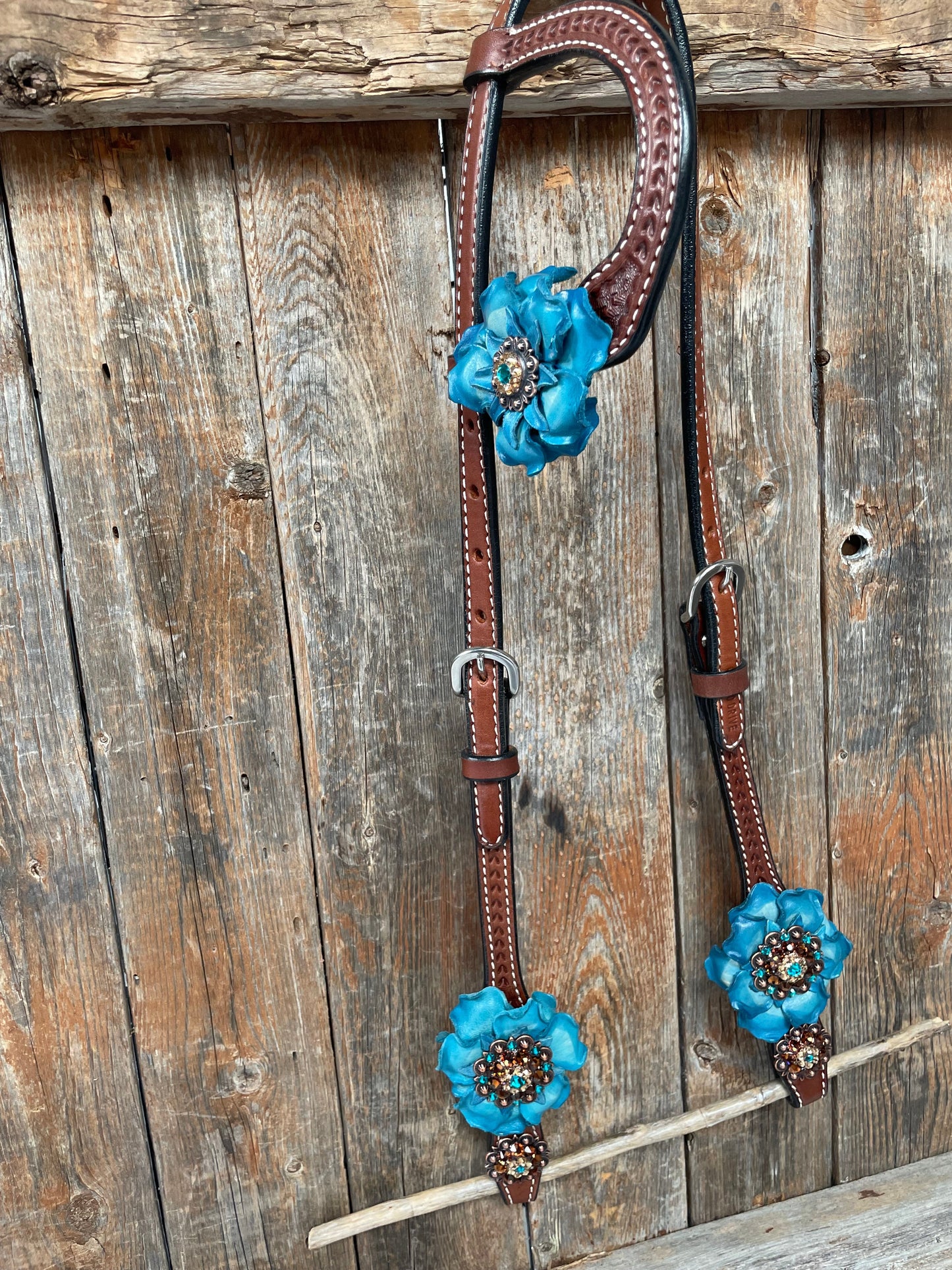 Medium Oil Basketweave Teal and Topaz Browband / One Ear Tack Set #BBBC452 - RODEO DRIVE