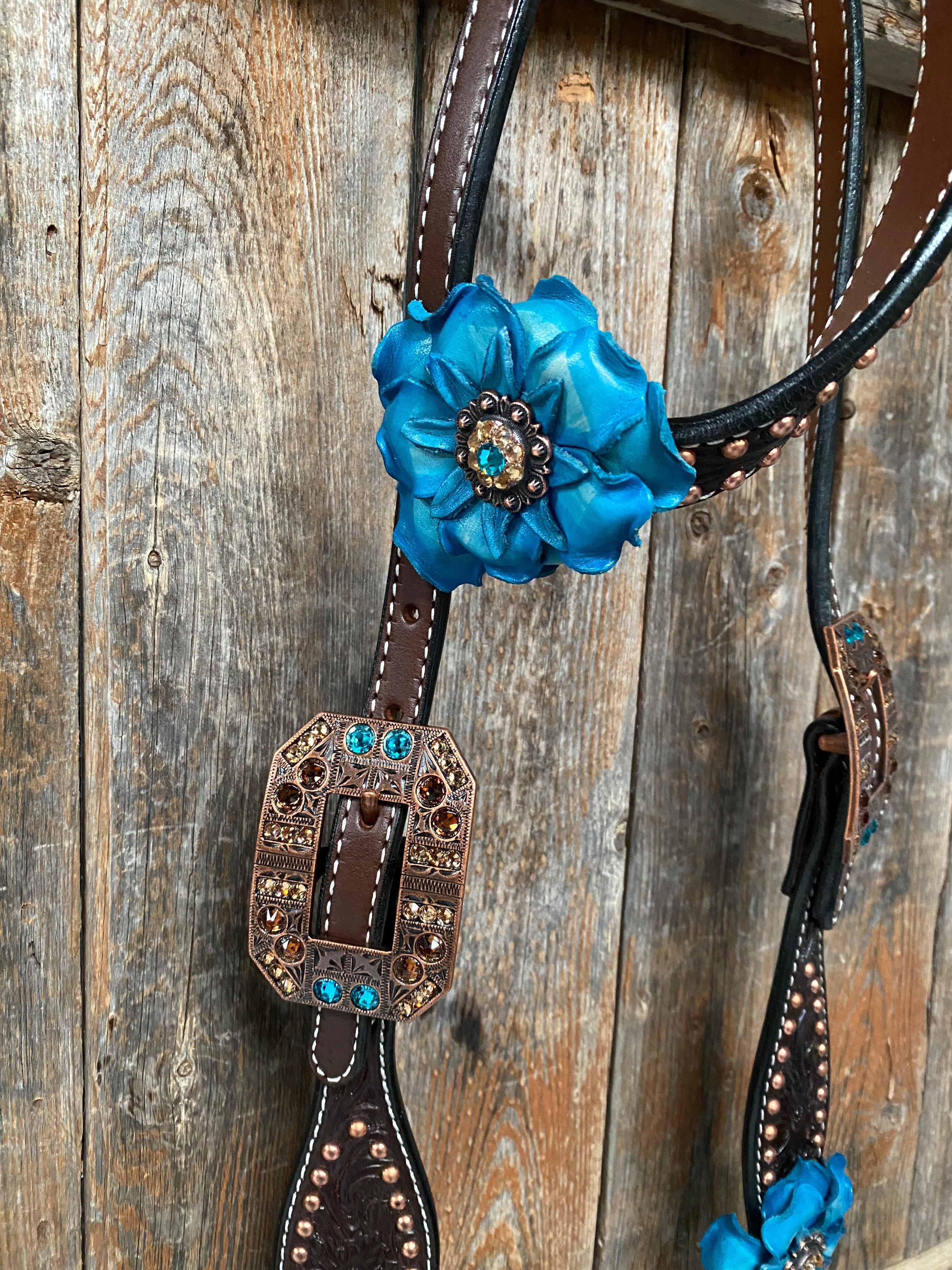 Dark Oil Copper Dot Teal and Champagne Browband / One Ear Tack Set #BBBC455 - RODEO DRIVE