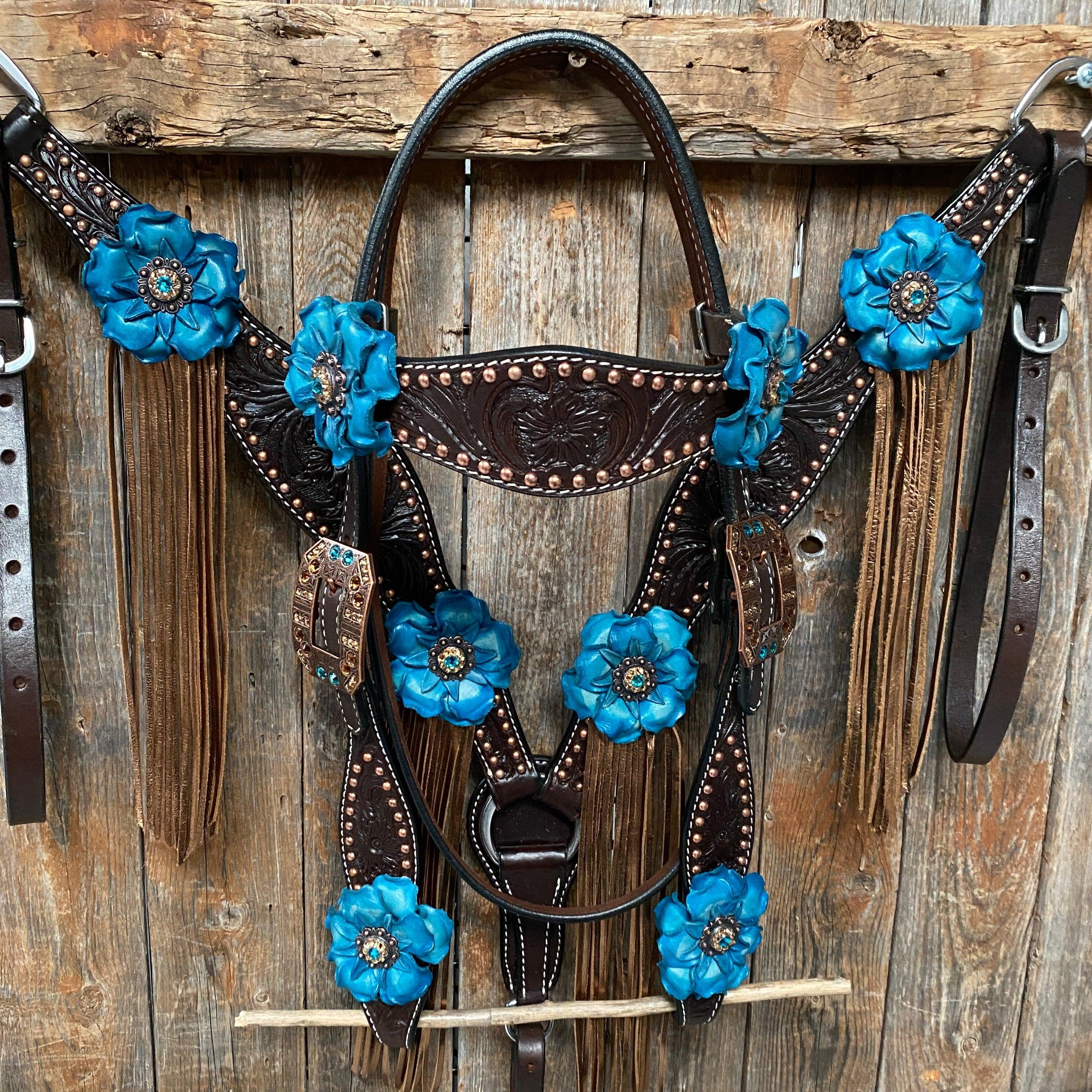 Dark Oil Copper Dot Teal and Champagne Browband / One Ear Tack Set #BBBC455 - RODEO DRIVE