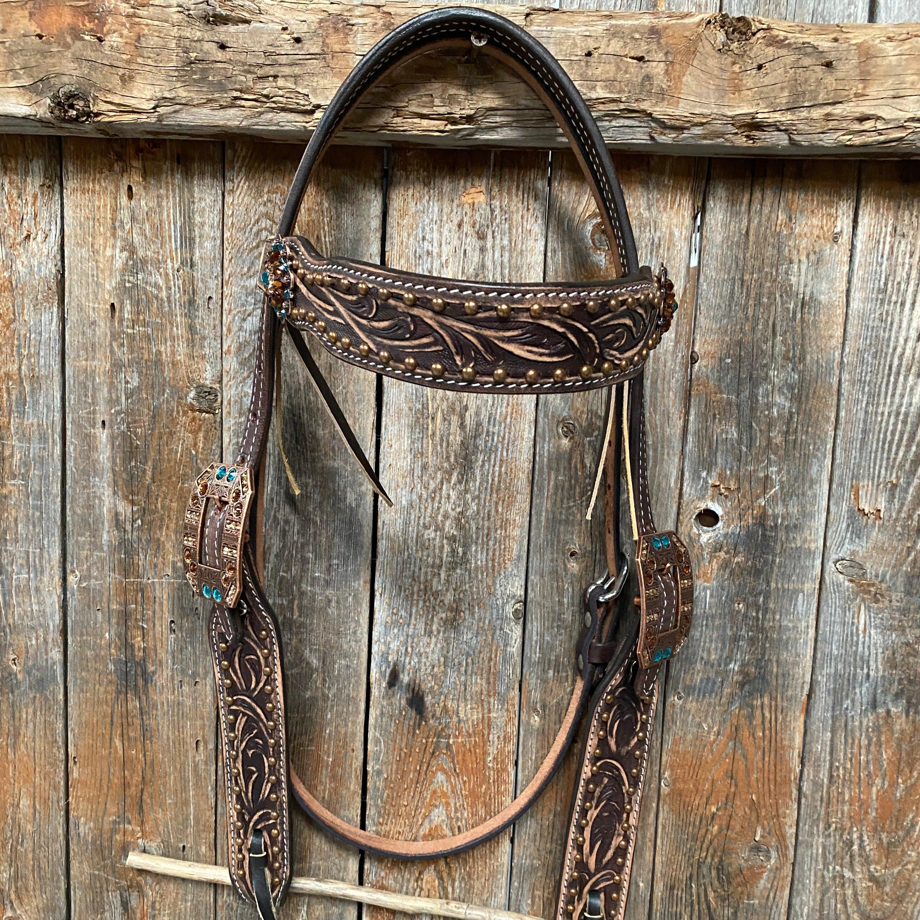 Brushed Chocolate Teal/Champagne/Topaz Browband & Breastcollar Tack Set #BBBC477 - RODEO DRIVE