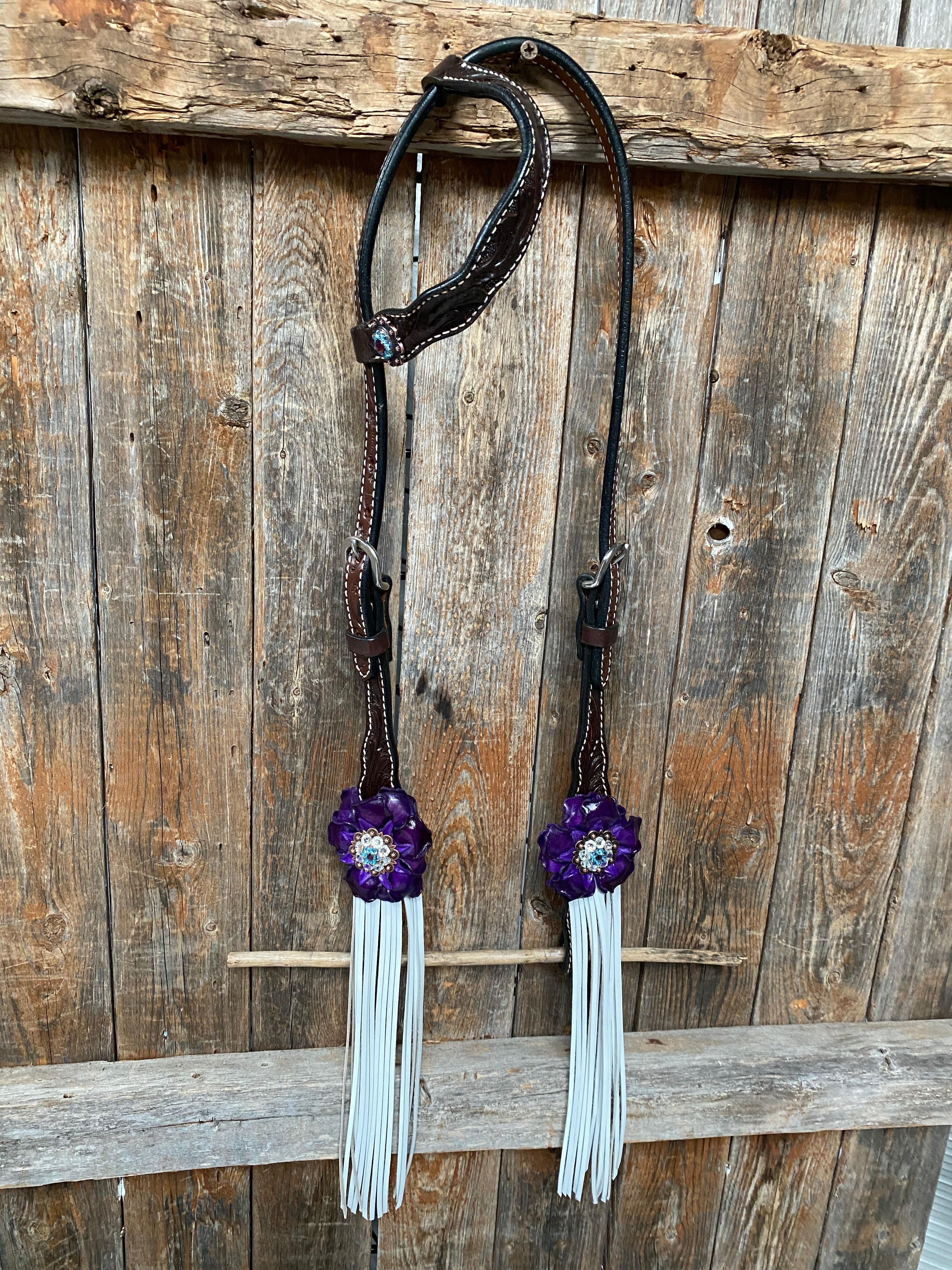 Dark Oil Floral Purple and White Browband / One Ear Tack Set #BBBC456 - RODEO DRIVE