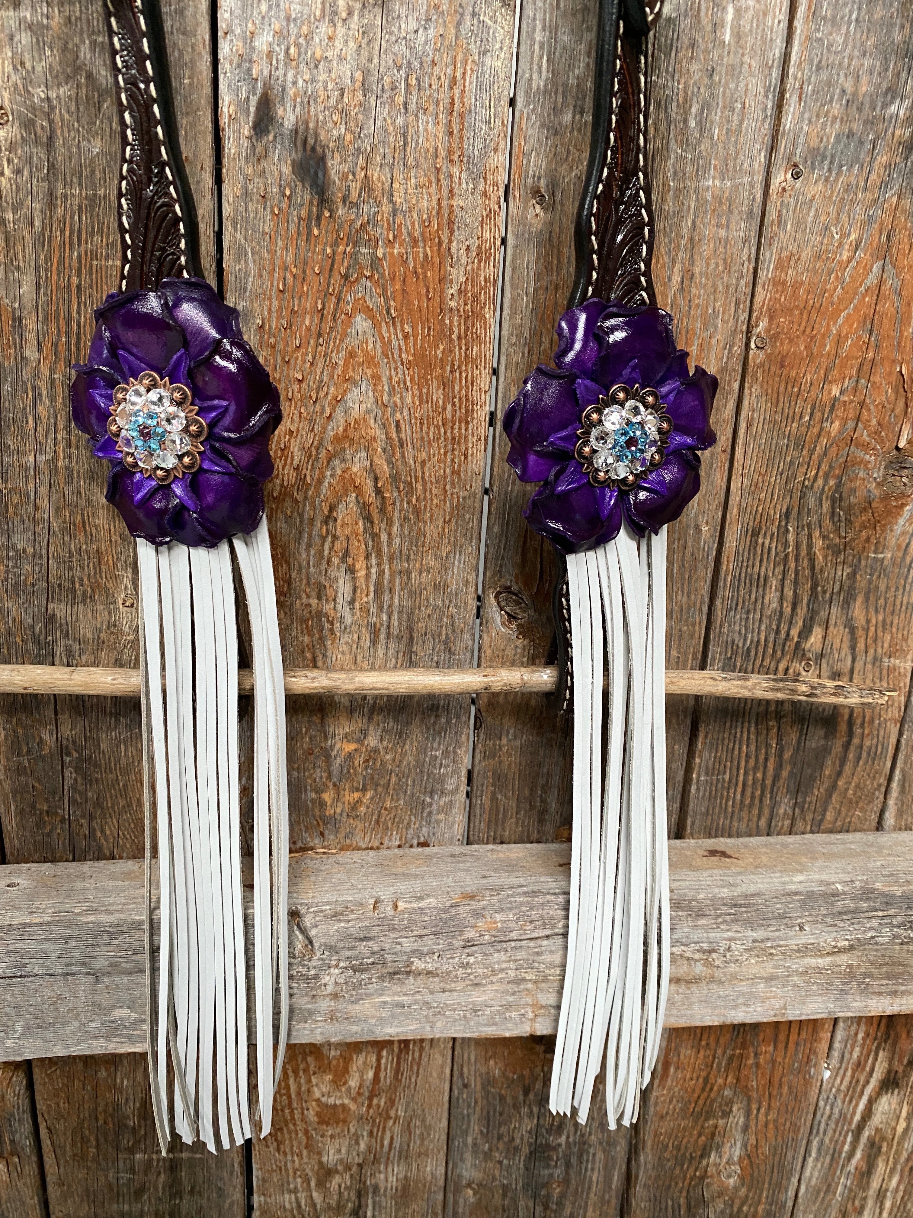 Dark Oil Floral Purple and White Browband / One Ear Tack Set #BBBC456 - RODEO DRIVE
