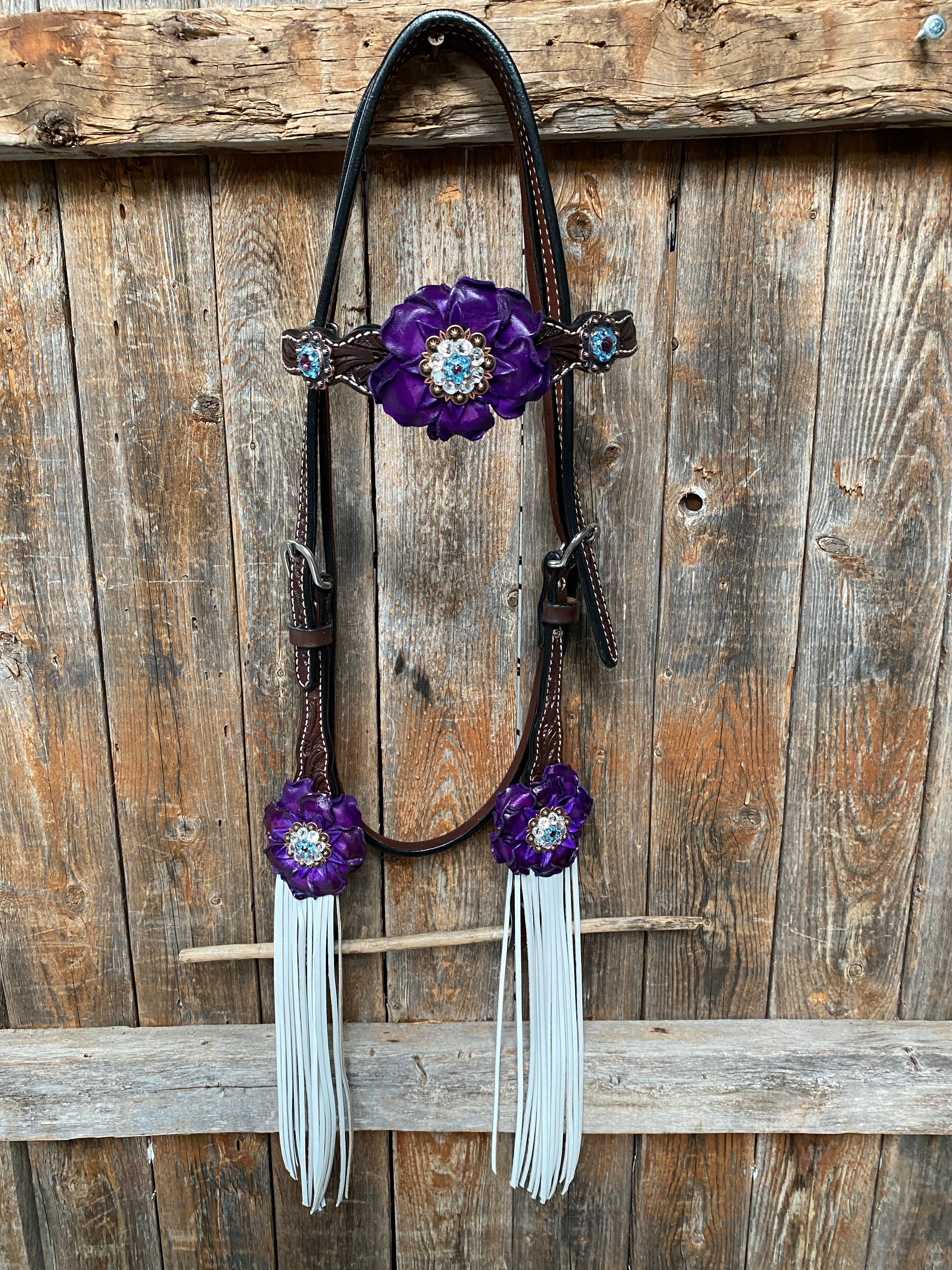 Dark Oil Floral Purple and White Browband / One Ear Tack Set #BBBC456 - RODEO DRIVE