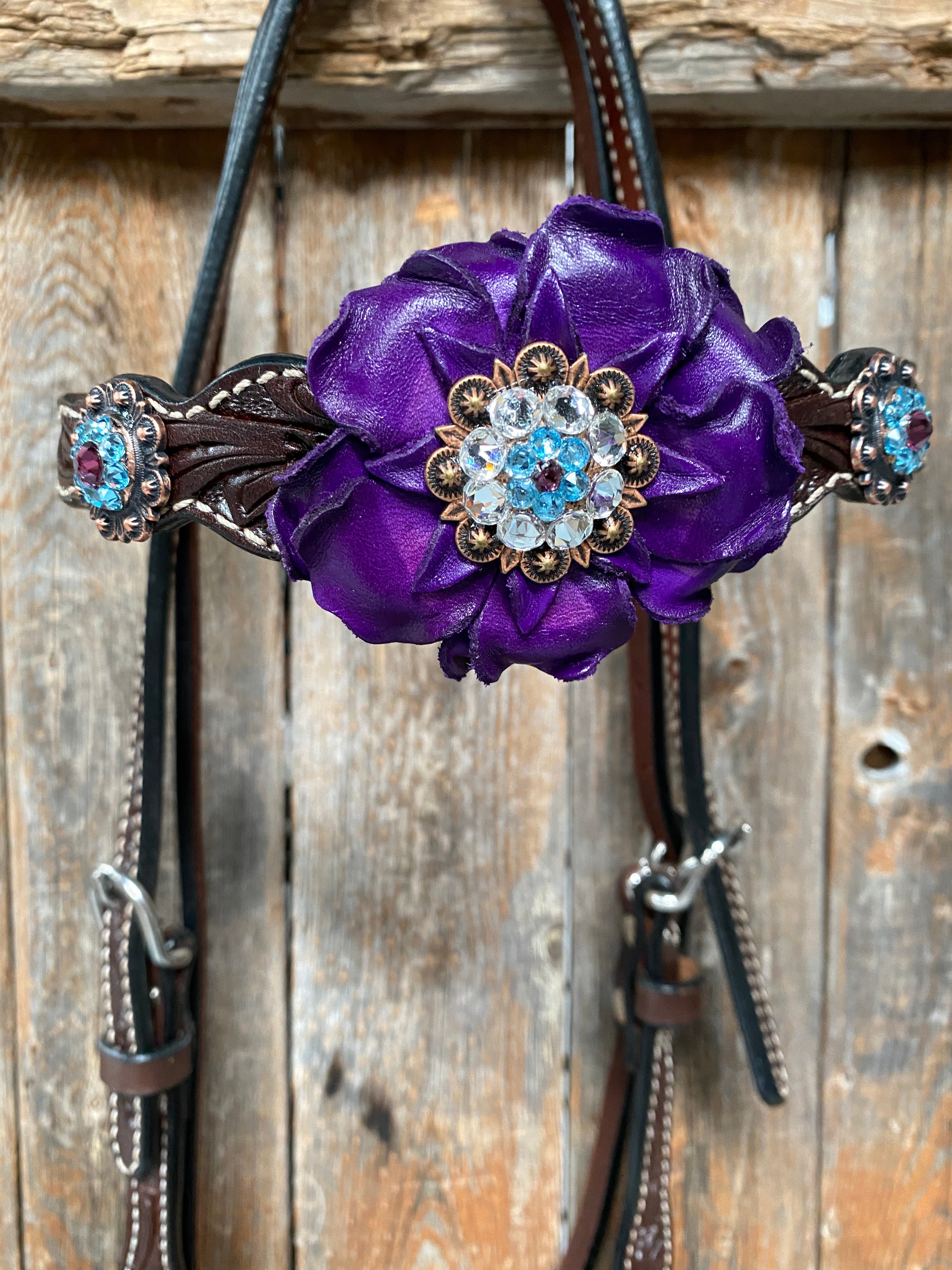Dark Oil Floral Purple and White Browband / One Ear Tack Set #BBBC456 - RODEO DRIVE