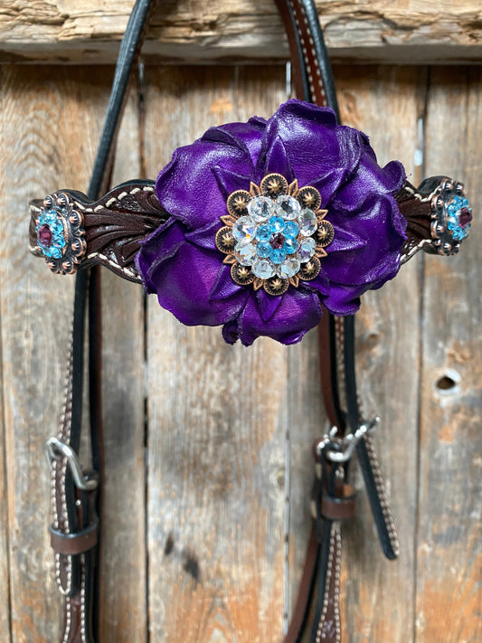 Dark Oil Floral Purple and White Browband / One Ear Tack Set #BBBC456 - RODEO DRIVE
