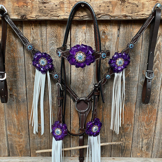 Dark Oil Floral Purple and White Browband / One Ear Tack Set #BBBC456 - RODEO DRIVE