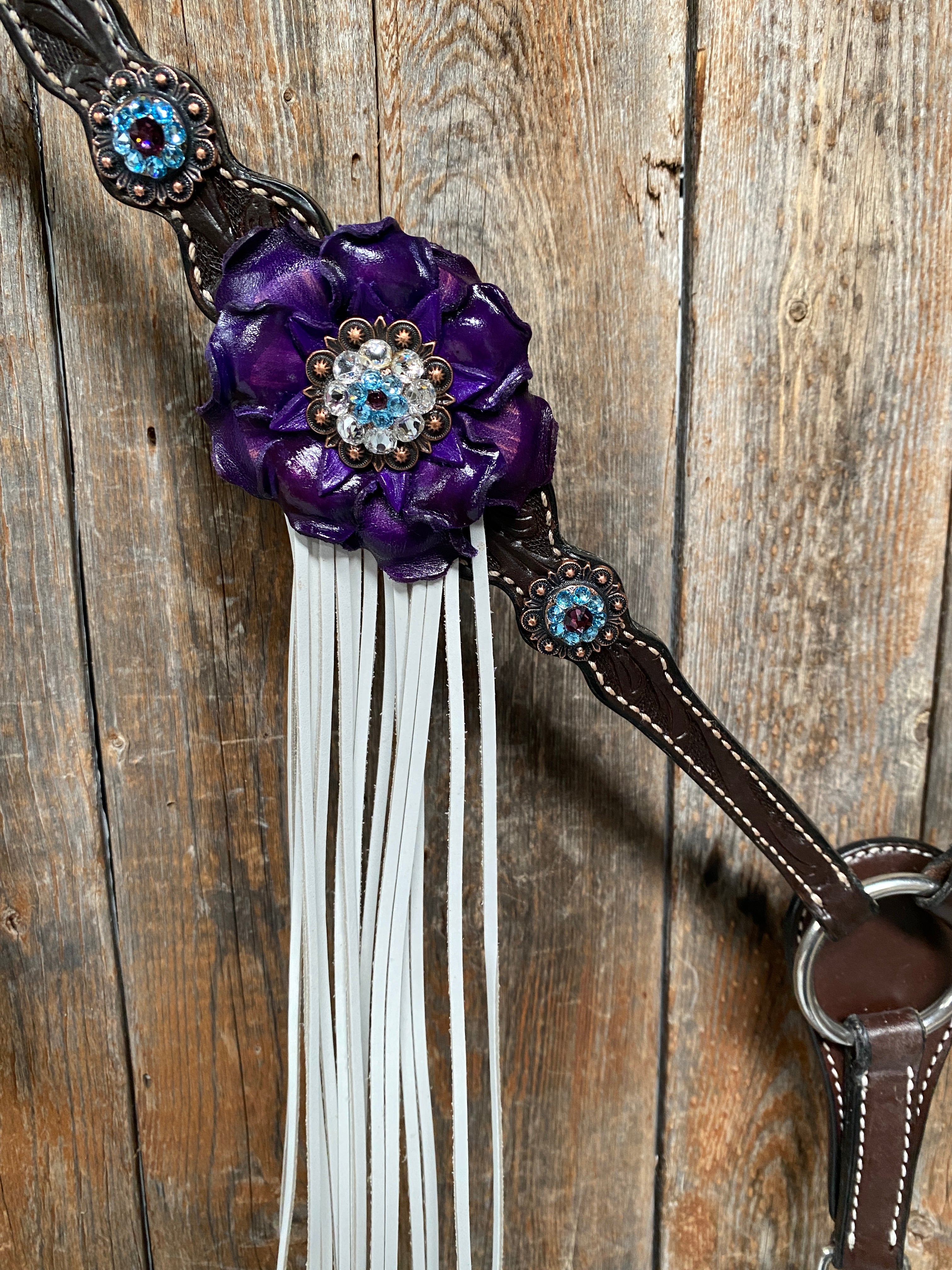 Dark Oil Floral Purple and White Browband / One Ear Tack Set #BBBC456 - RODEO DRIVE