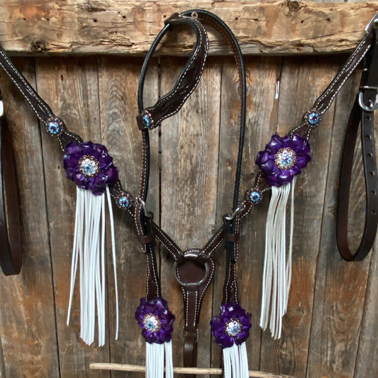 Dark Oil Floral Purple and White Browband / One Ear Tack Set #BBBC456 - RODEO DRIVE