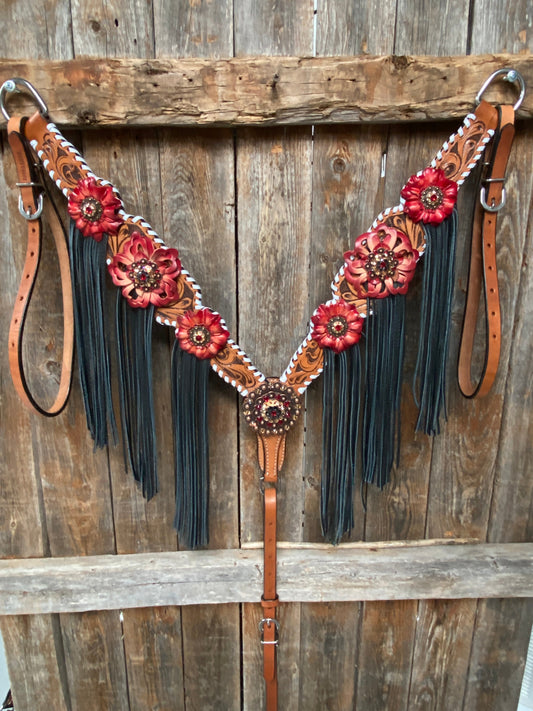 Light Oil Whipstitch Black and Red One Ear & Breastcollar Tack Set #OEBC460 - RODEO DRIVE