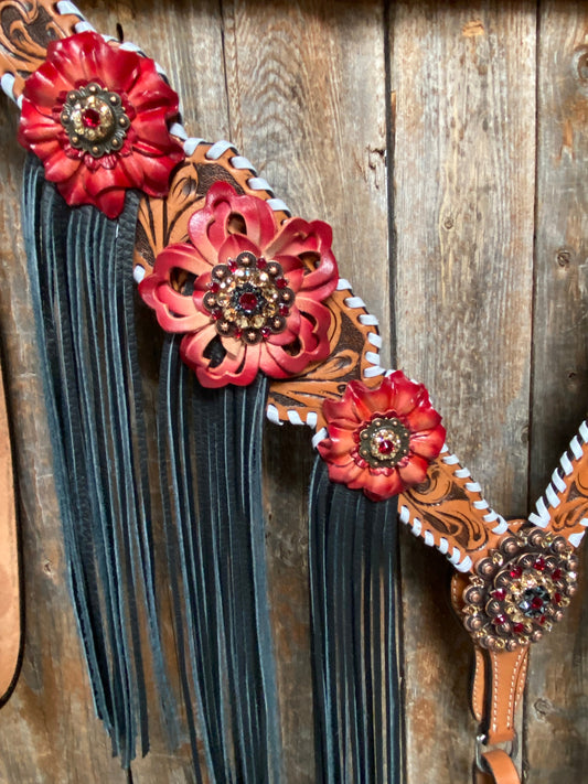 Light Oil Whipstitch Black and Red One Ear & Breastcollar Tack Set #OEBC460 - RODEO DRIVE