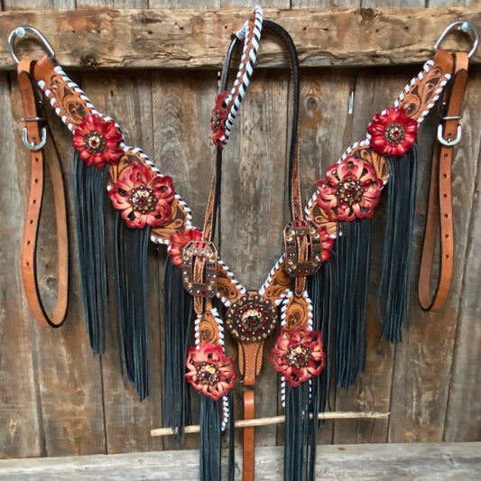 Light Oil Whipstitch Black and Red One Ear & Breastcollar Tack Set #OEBC460 - RODEO DRIVE