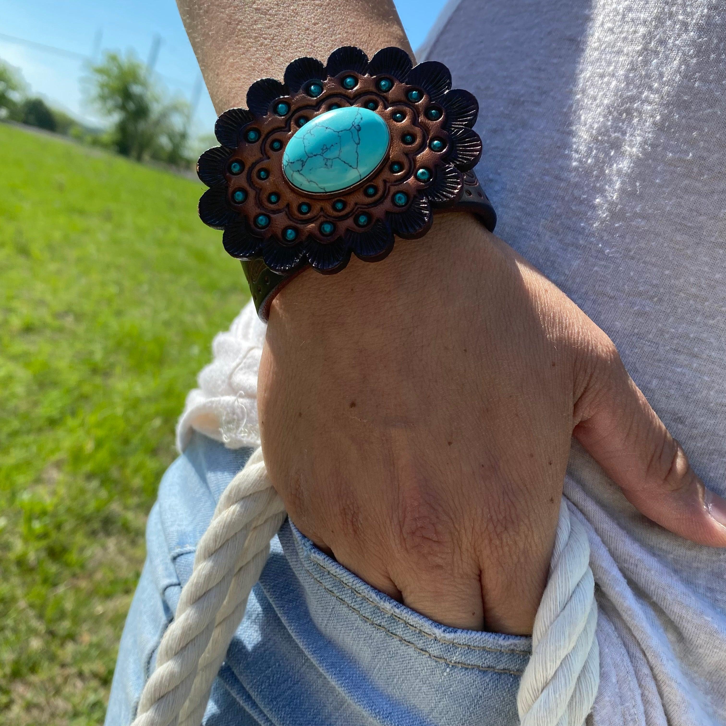 Leather Rosette and Cabochon Leather Bracelet LB110 - RODEO DRIVE