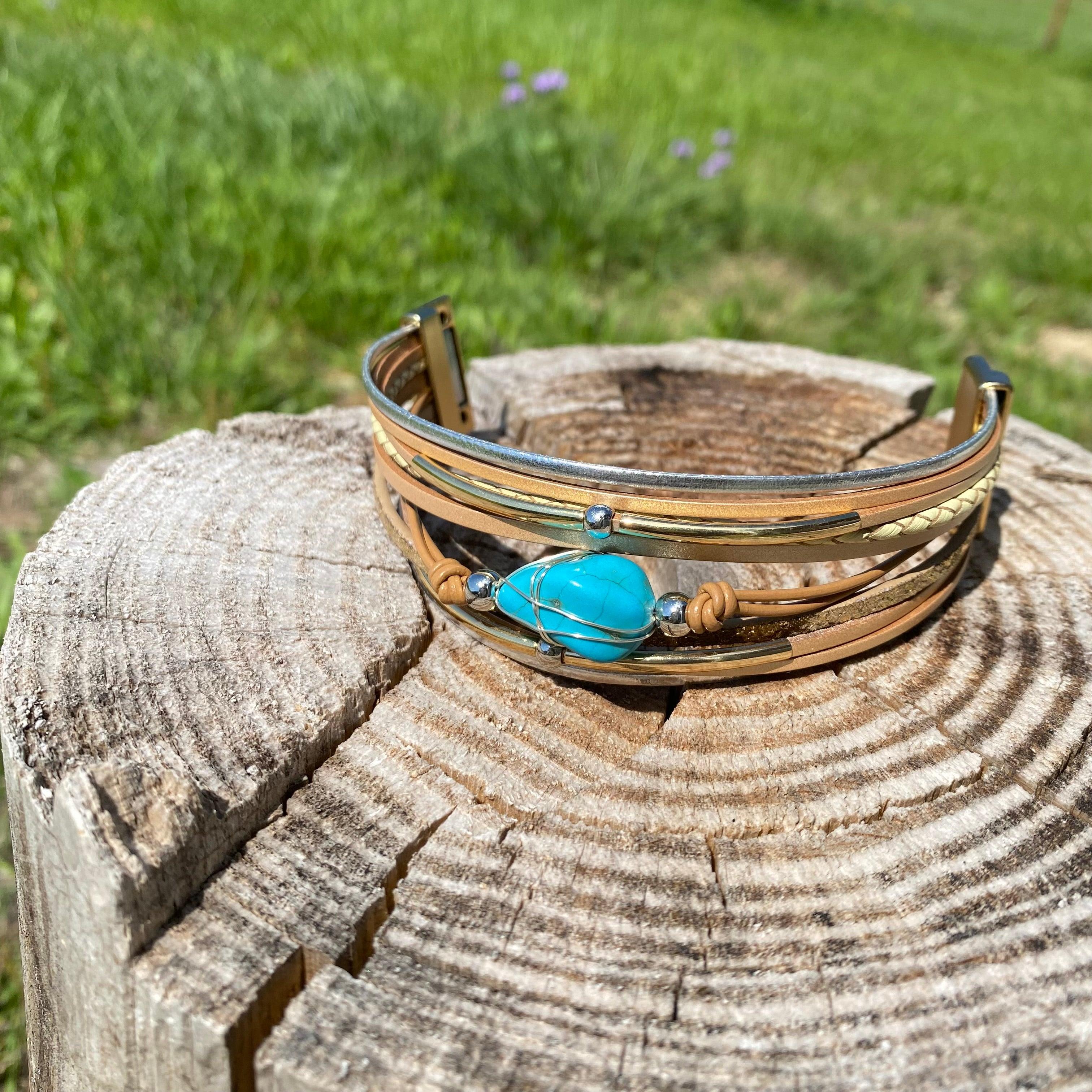 Tan Leather and Turquoise Stone Fashion Bracelet XI116 - RODEO DRIVE