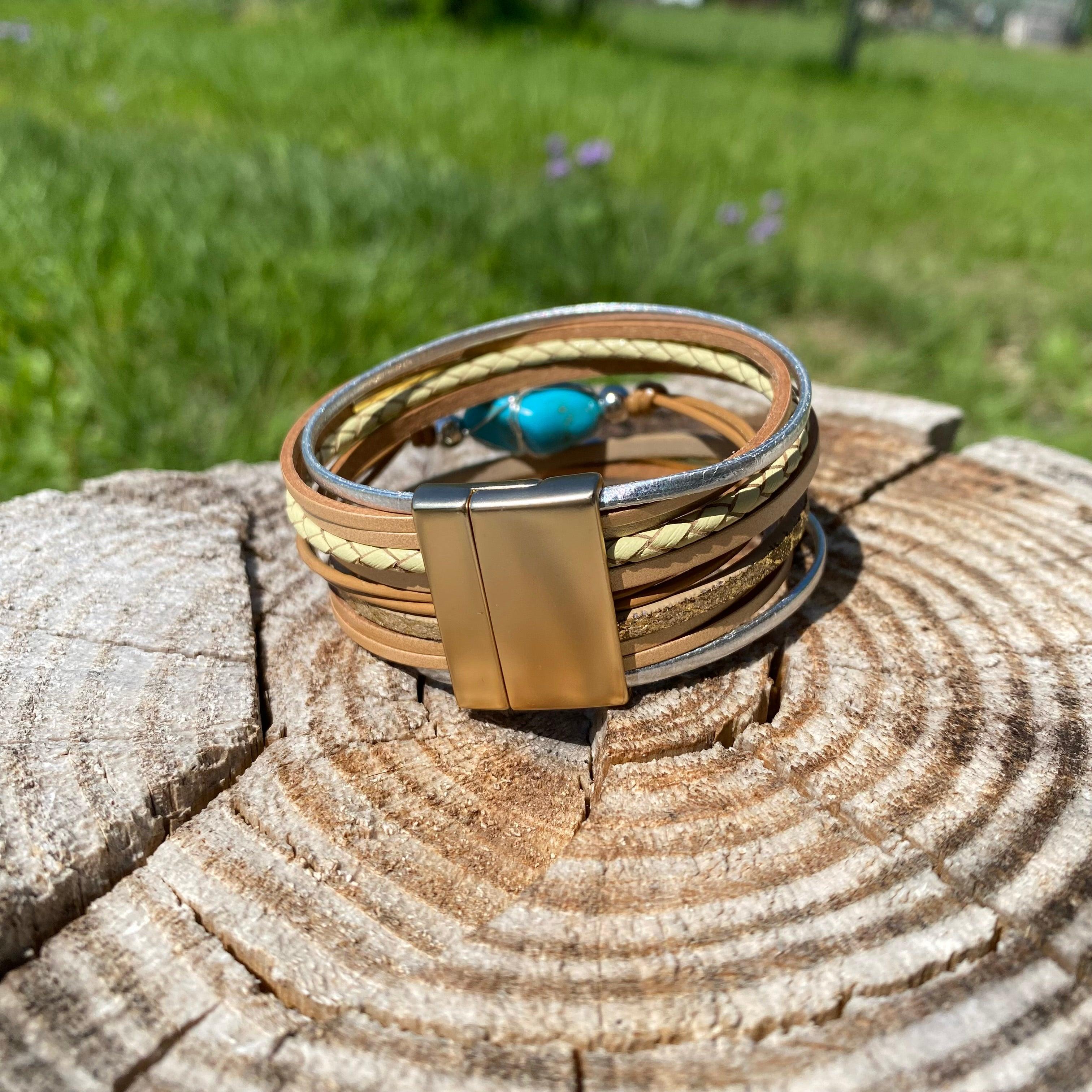 Tan Leather and Turquoise Stone Fashion Bracelet XI116 - RODEO DRIVE