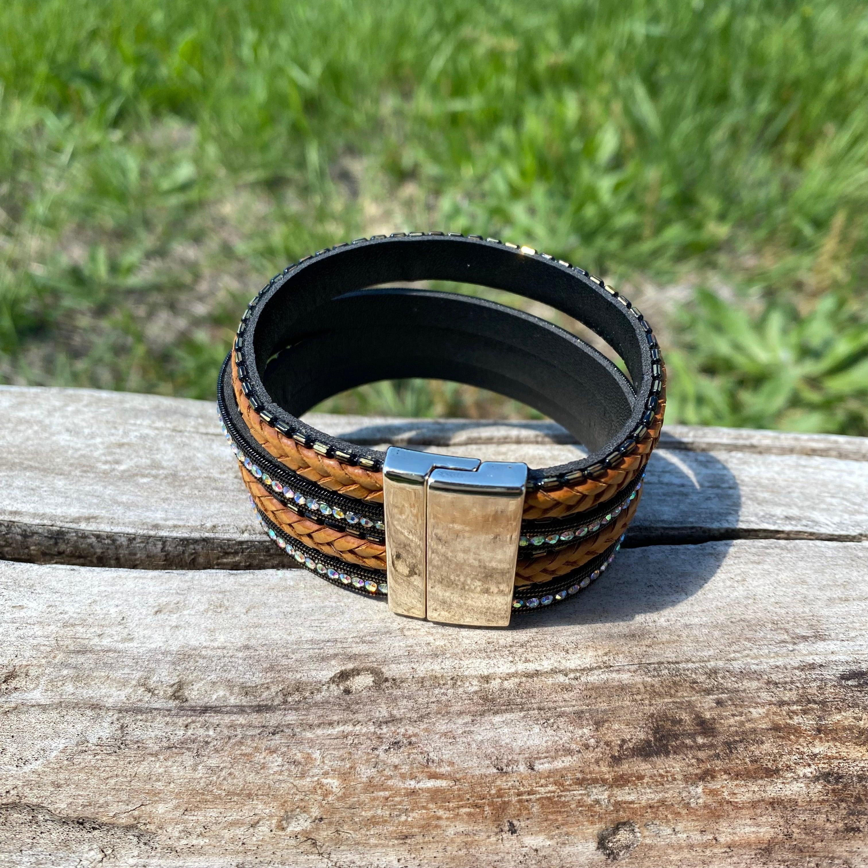 Black Shimmer & Braid Fashion Leather Bracelet XI101 - RODEO DRIVE