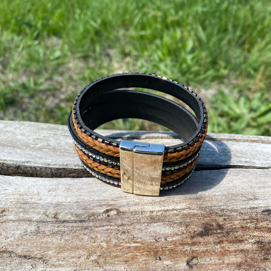 Black Shimmer & Braid Fashion Leather Bracelet XI101 - RODEO DRIVE