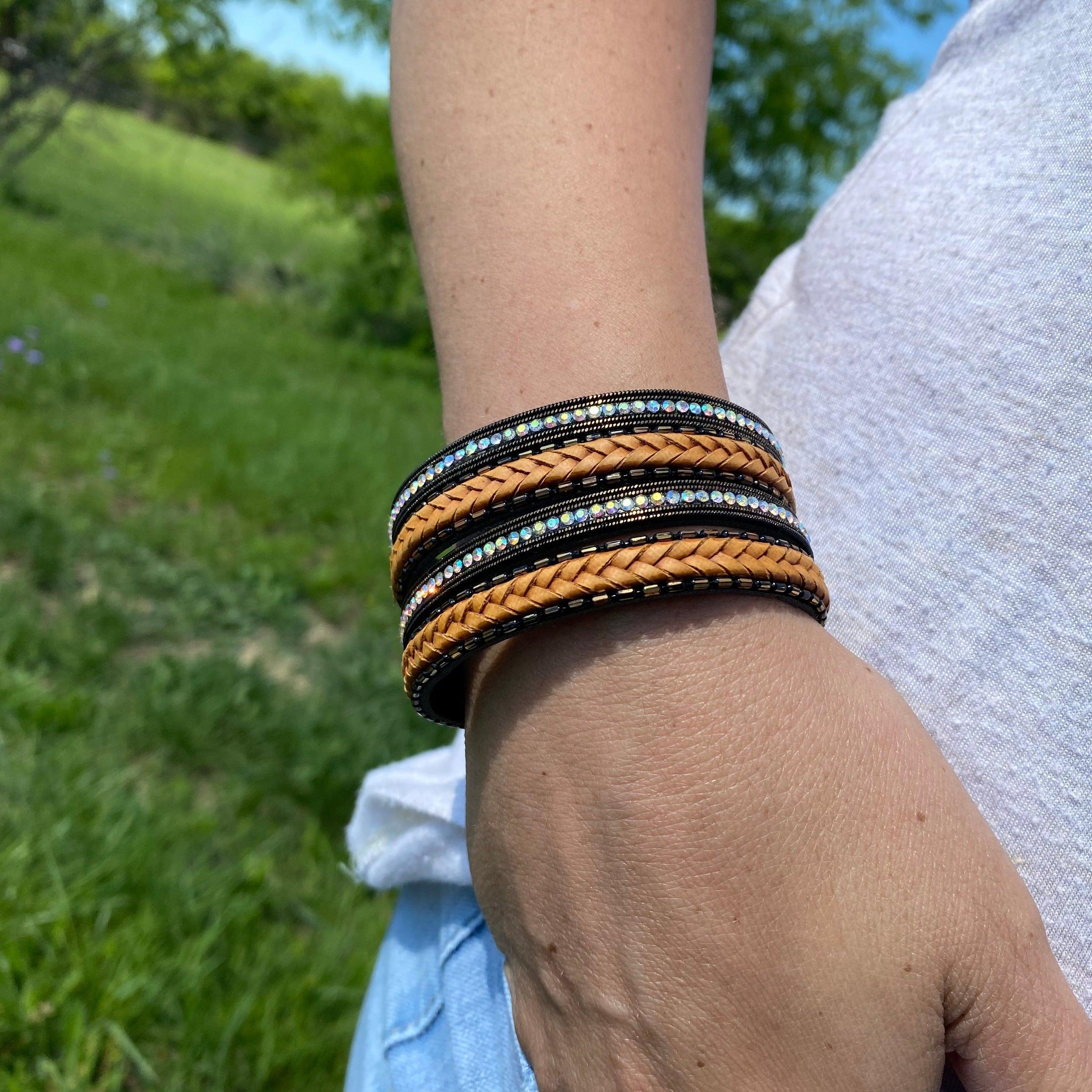 Black Shimmer & Braid Fashion Leather Bracelet XI101 - RODEO DRIVE