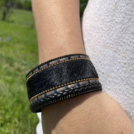 Black Braid & Faux Fur Fashion Bracelet XI112 - RODEO DRIVE