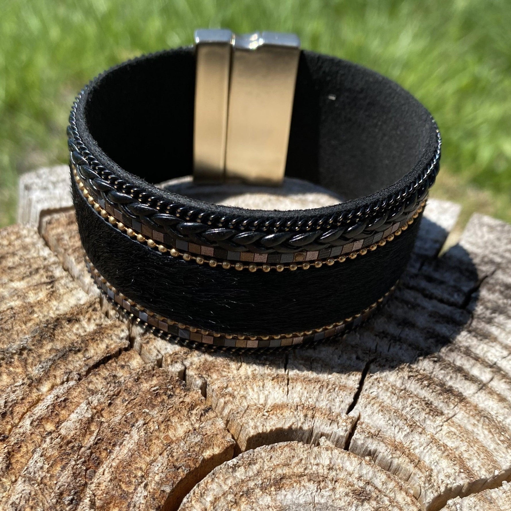 Black Braid & Faux Fur Fashion Bracelet XI112 - RODEO DRIVE