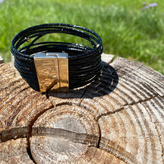 Black Leather Multi-Layered Beaded Fashion Bracelet XI124 - RODEO DRIVE