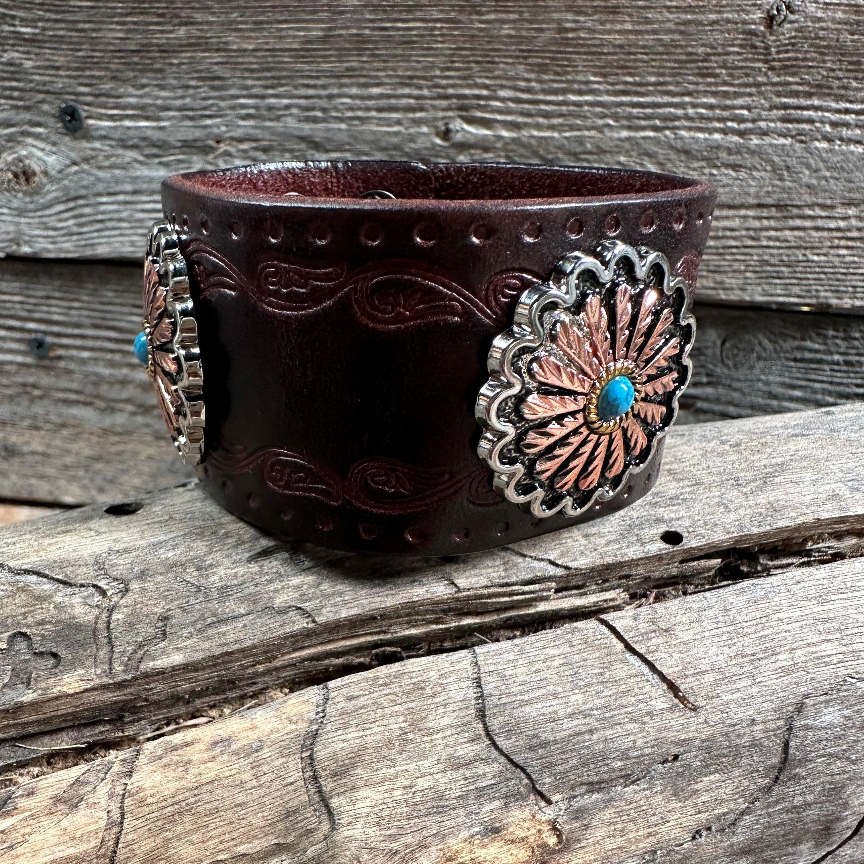 Antique Silver and Copper Flower Leather Bracelet LB103 - RODEO DRIVE