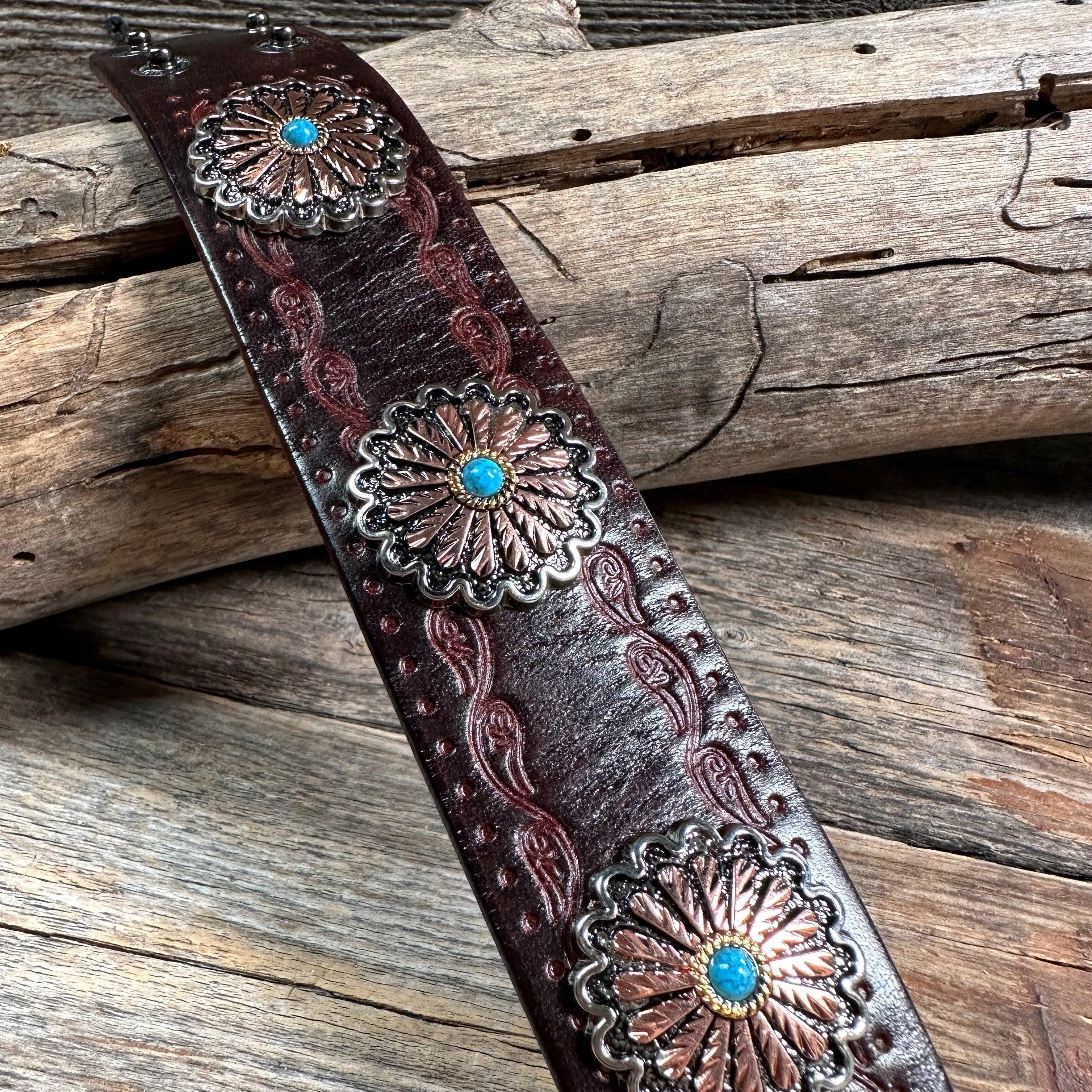 Antique Silver and Copper Flower Leather Bracelet LB103 - RODEO DRIVE