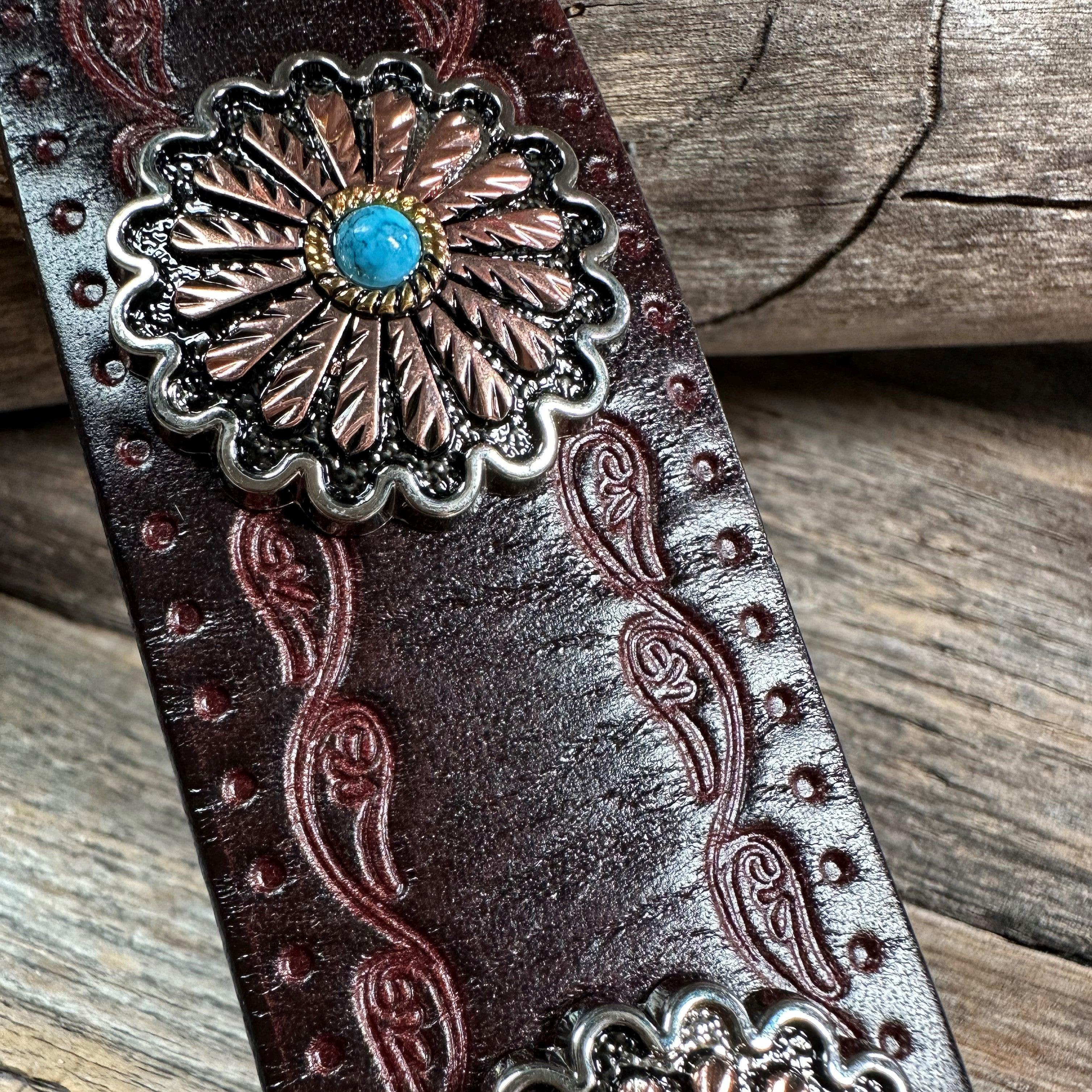 Antique Silver and Copper Flower Leather Bracelet LB103 - RODEO DRIVE