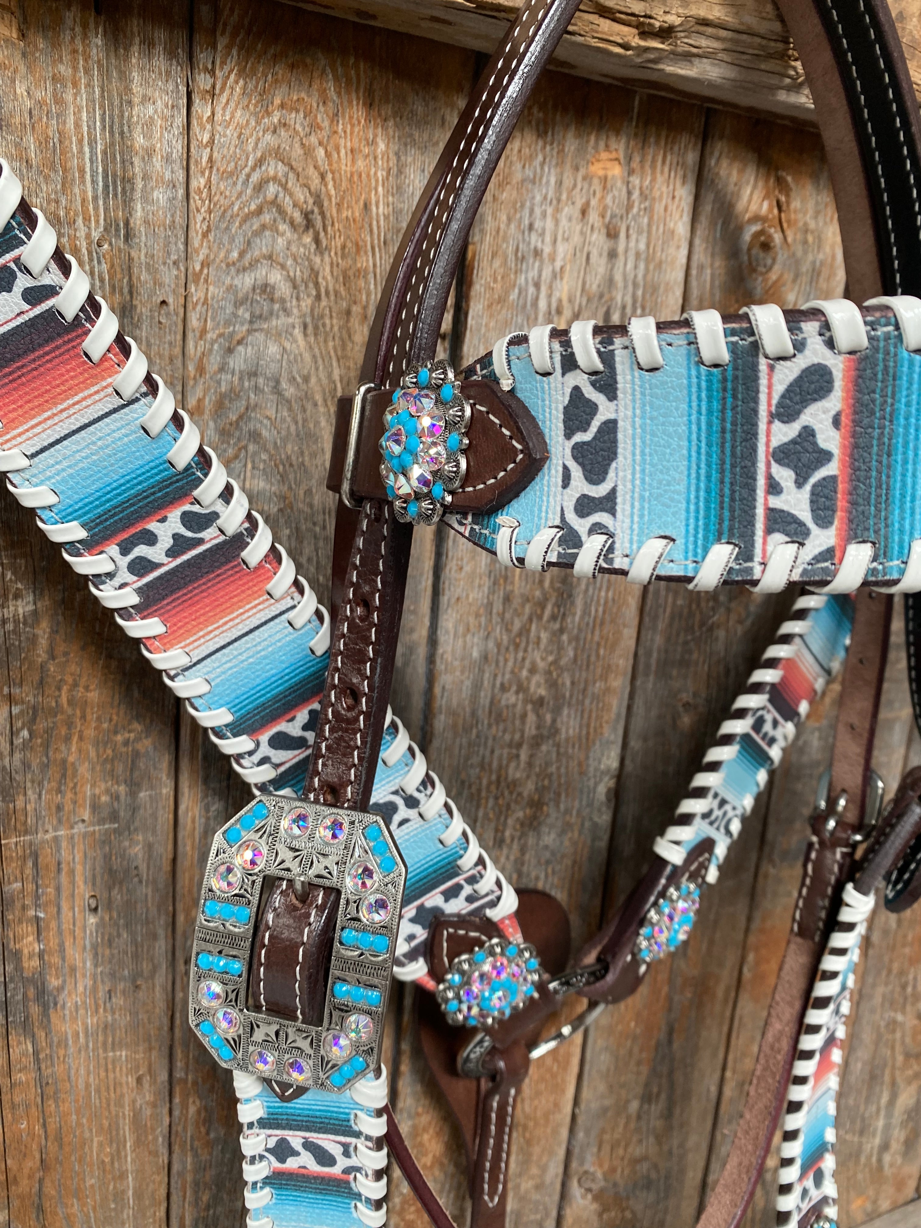 Cow Stripe Print Turquoise Headstall & Breastcollar #BBBC500 - RODEO DRIVE