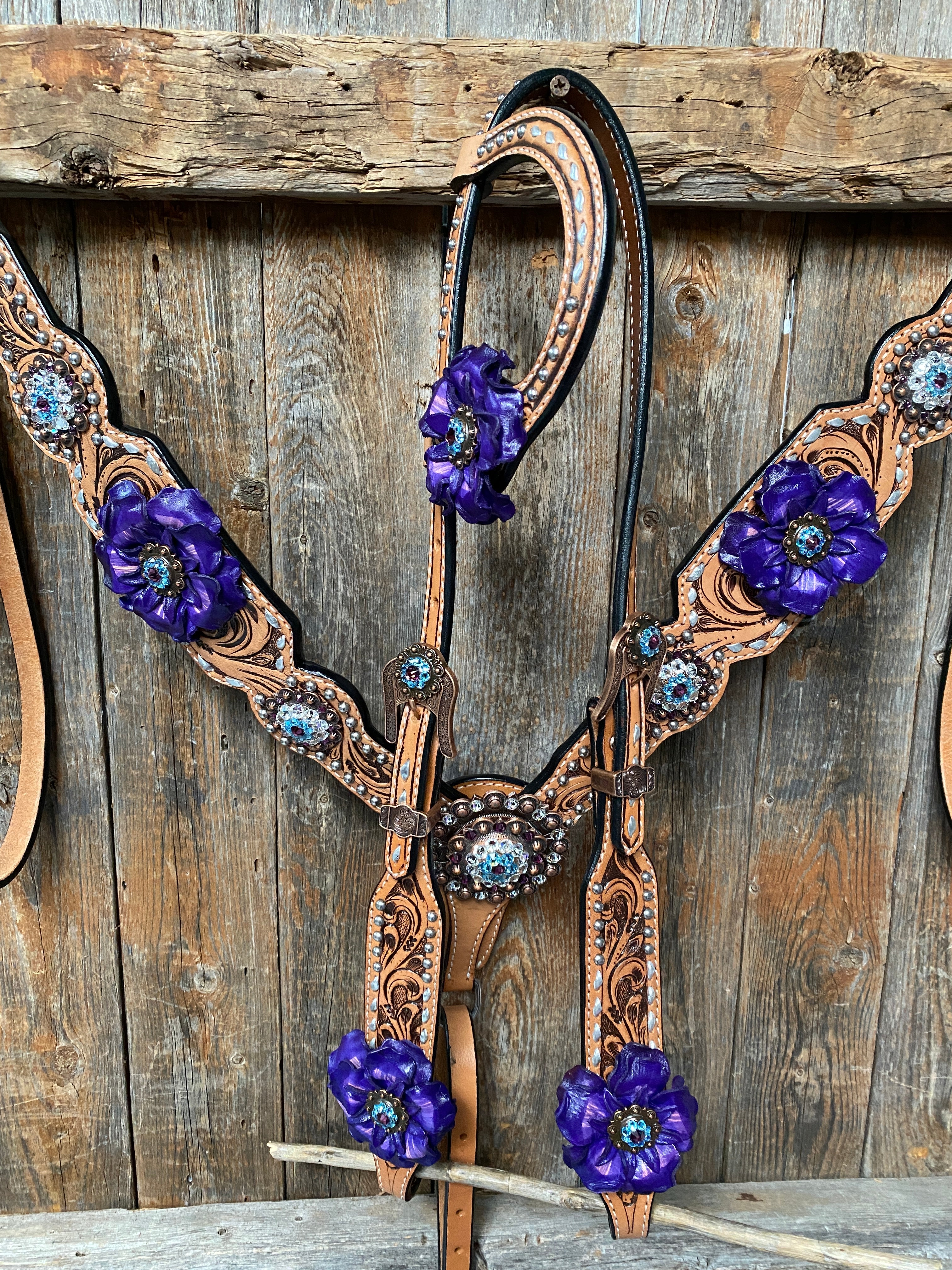 Light Oil Silver Dot Purple and Aqua One Ear & Breastcollar Tack Set #OEBC434 - RODEO DRIVE