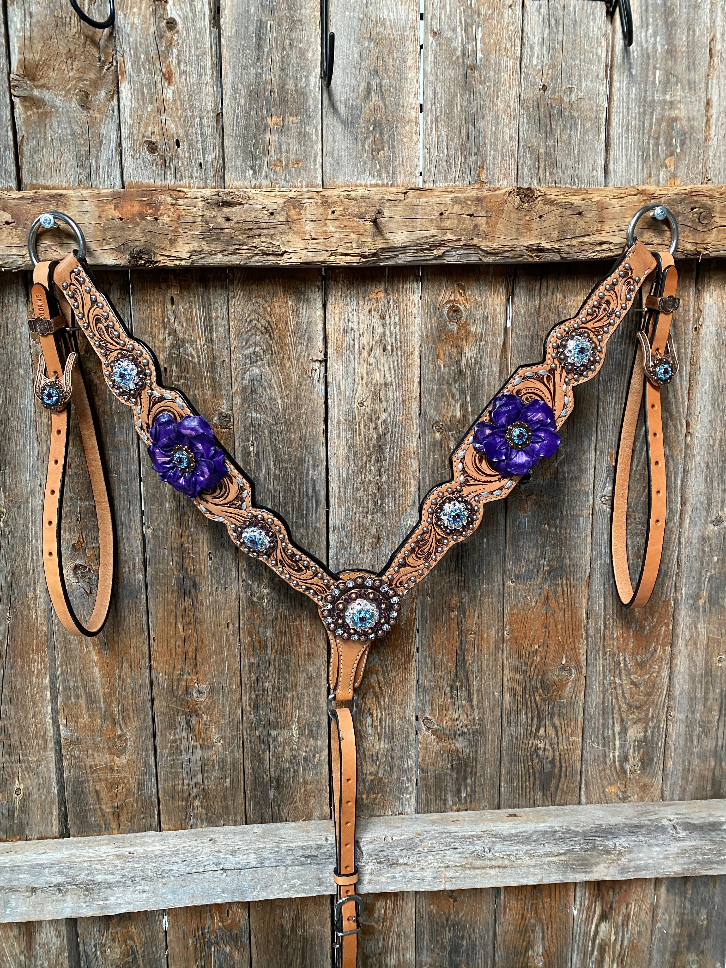 Light Oil Silver Dot Purple and Aqua One Ear & Breastcollar Tack Set #OEBC434 - RODEO DRIVE