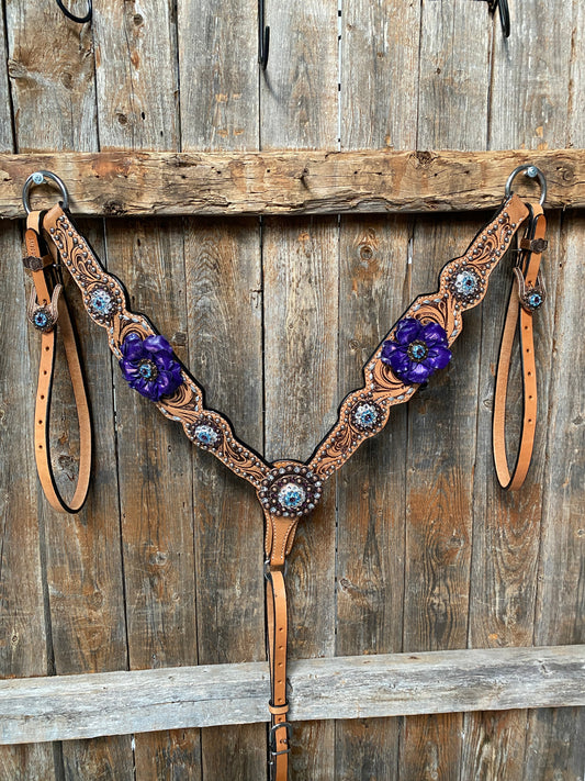 Light Oil Silver Dot Purple and Aqua One Ear & Breastcollar Tack Set #OEBC434 - RODEO DRIVE