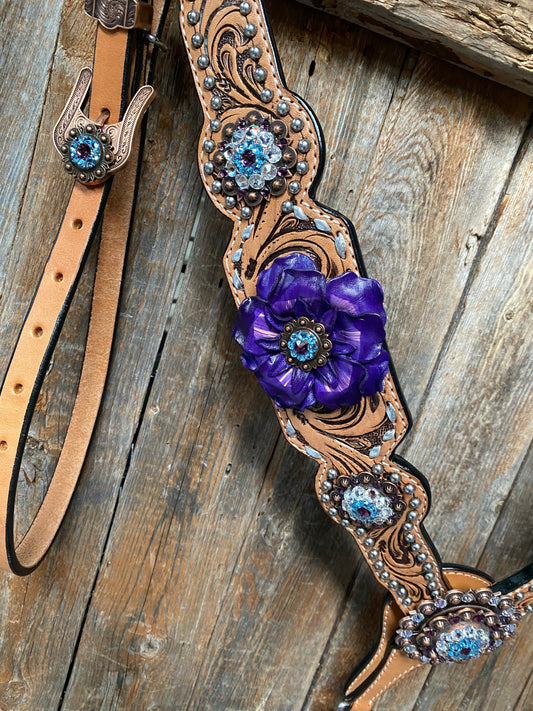 Light Oil Silver Dot Purple and Aqua One Ear & Breastcollar Tack Set #OEBC434 - RODEO DRIVE