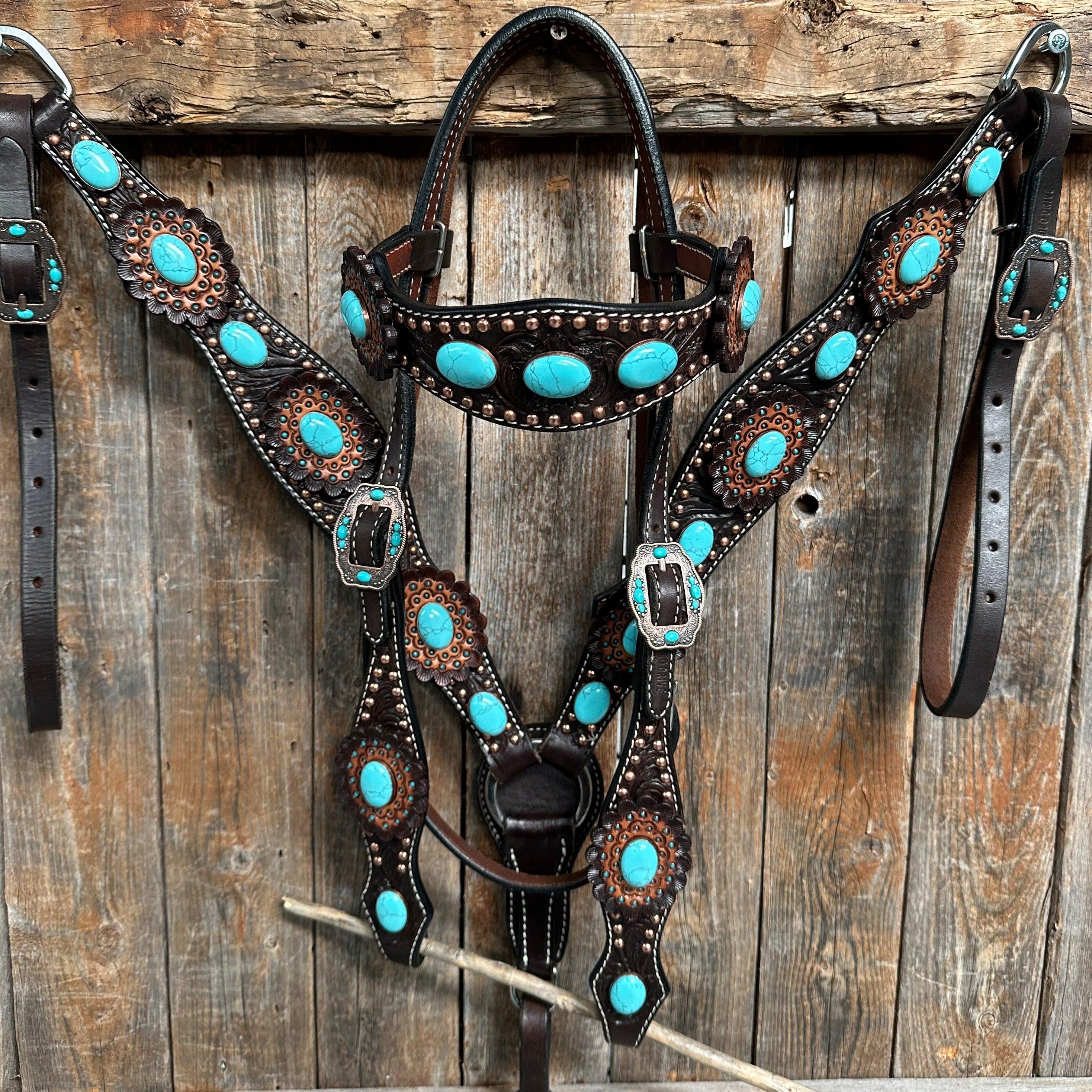Dark Oil Floral Copper Dot Turquoise Cabochon Browband / Breastcollar #BBBC508 - RODEO DRIVE