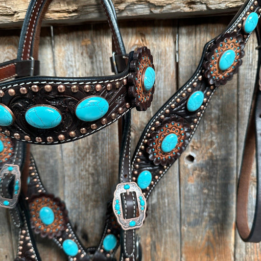 Dark Oil Floral Copper Dot Turquoise Cabochon Browband / Breastcollar #BBBC508 - RODEO DRIVE