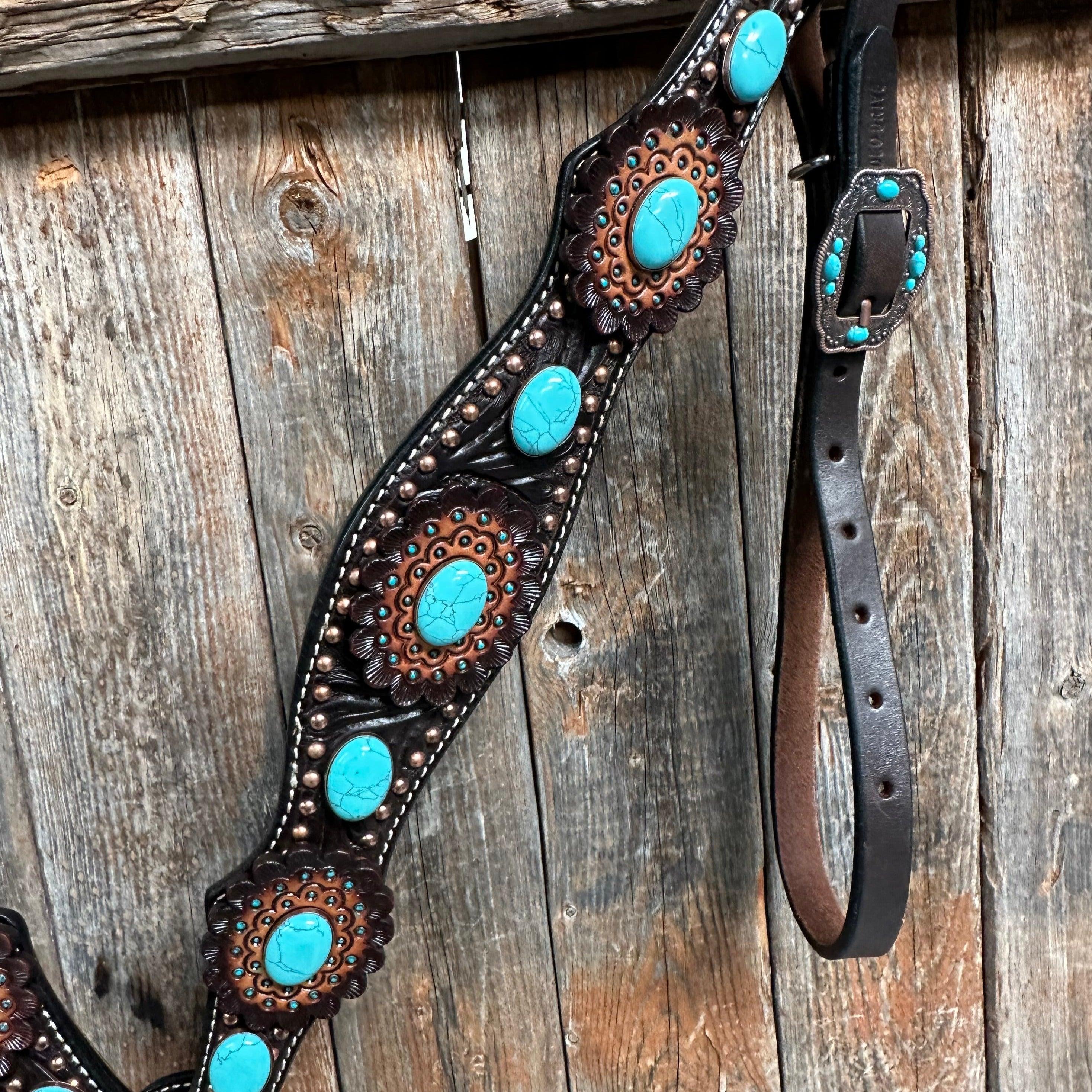 Dark Oil Floral Copper Dot Turquoise Cabochon Browband / Breastcollar #BBBC508 - RODEO DRIVE
