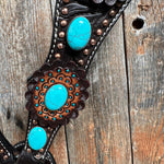 Dark Oil Floral Copper Dot Turquoise Cabochon Browband / Breastcollar #BBBC508 - RODEO DRIVE