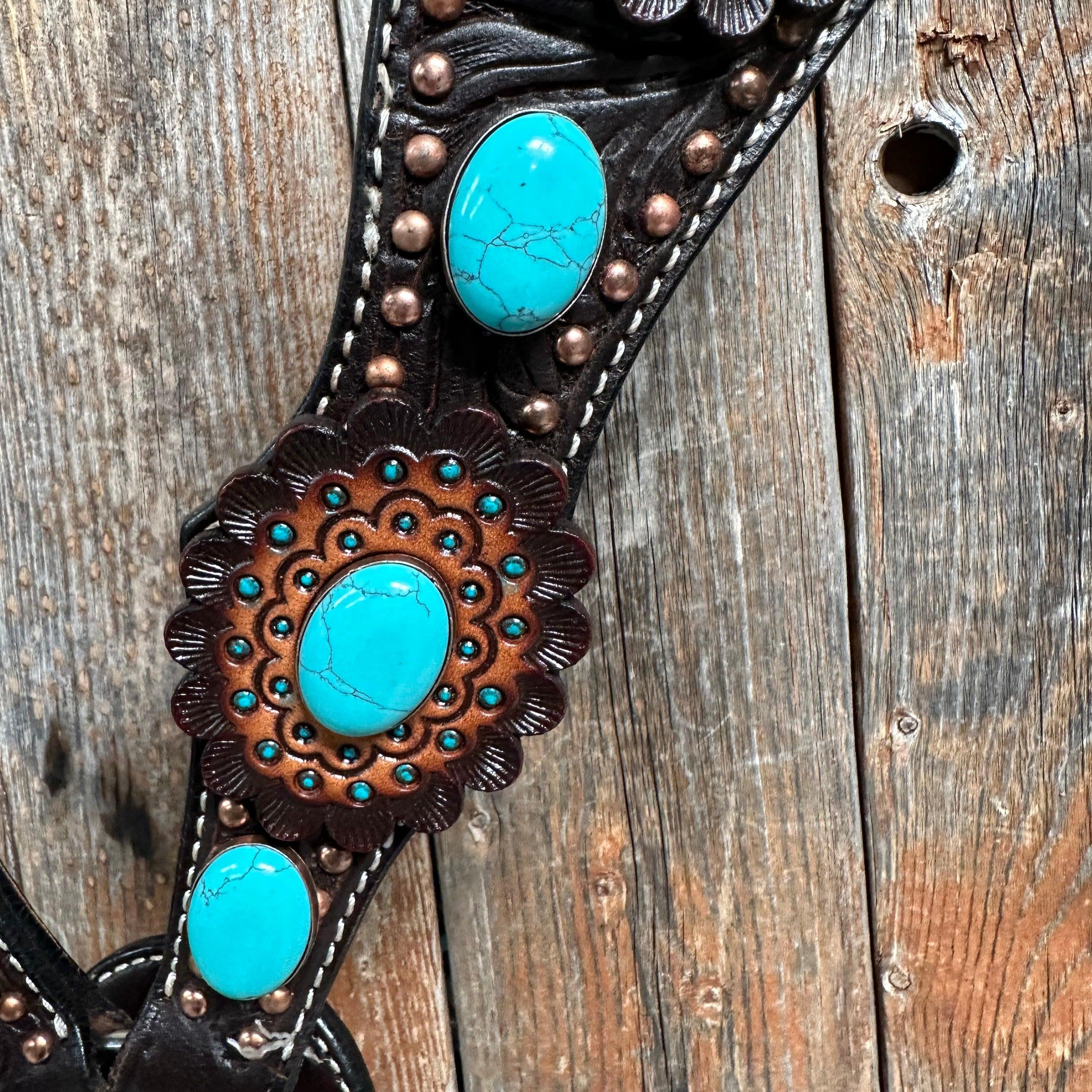 Dark Oil Floral Copper Dot Turquoise Cabochon Browband / Breastcollar #BBBC508 - RODEO DRIVE