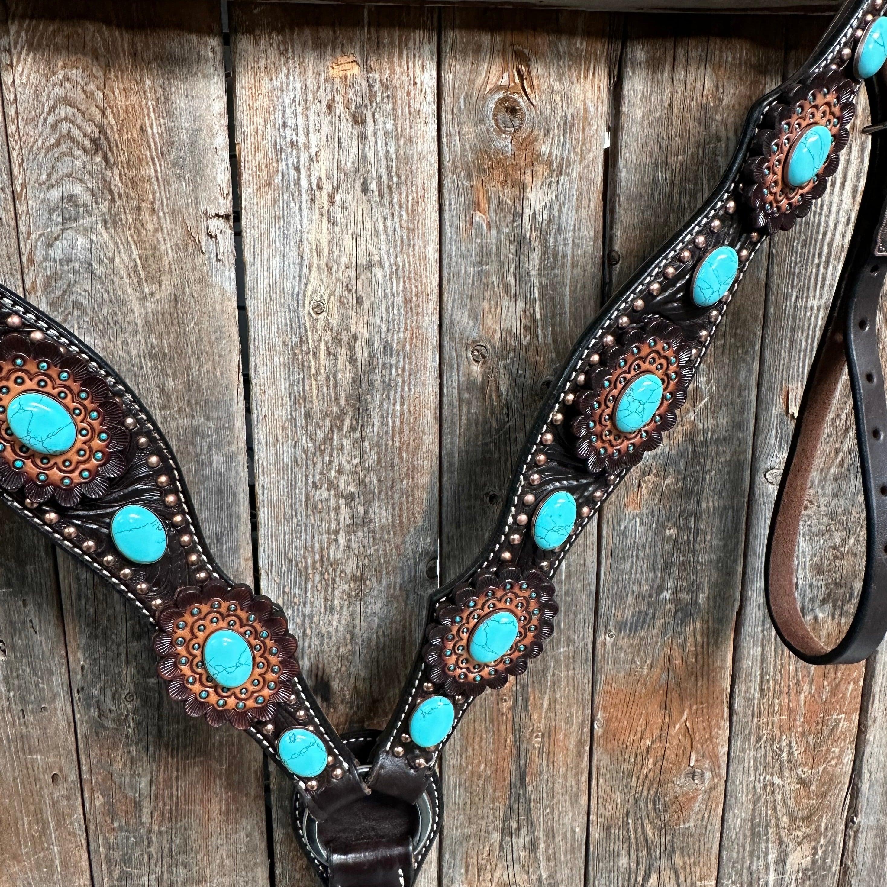 Dark Oil Floral Copper Dot Turquoise Cabochon Browband / Breastcollar #BBBC508 - RODEO DRIVE
