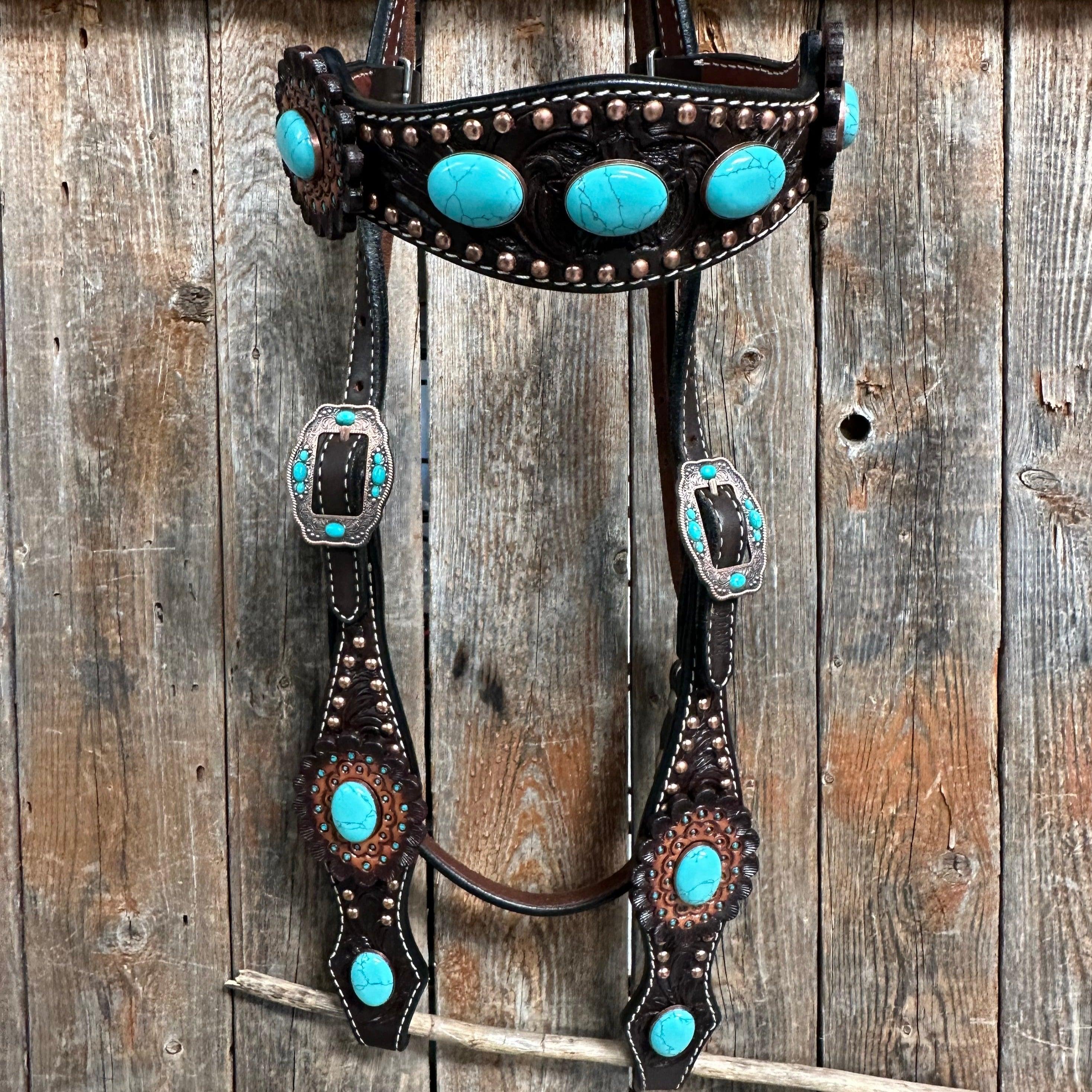 Dark Oil Floral Copper Dot Turquoise Cabochon Browband / Breastcollar #BBBC508 - RODEO DRIVE