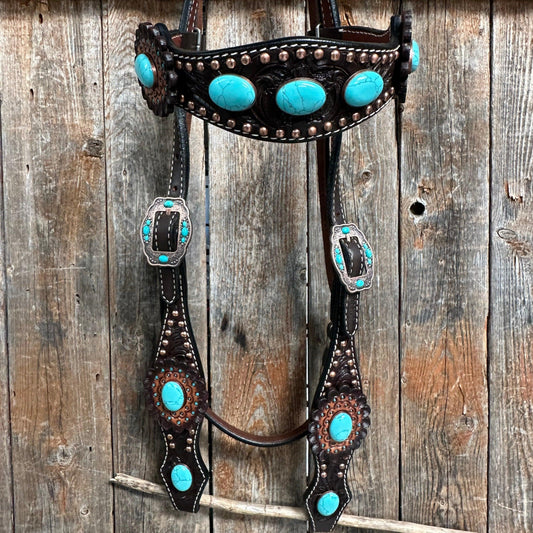 Dark Oil Floral Copper Dot Turquoise Cabochon Browband / Breastcollar #BBBC508 - RODEO DRIVE