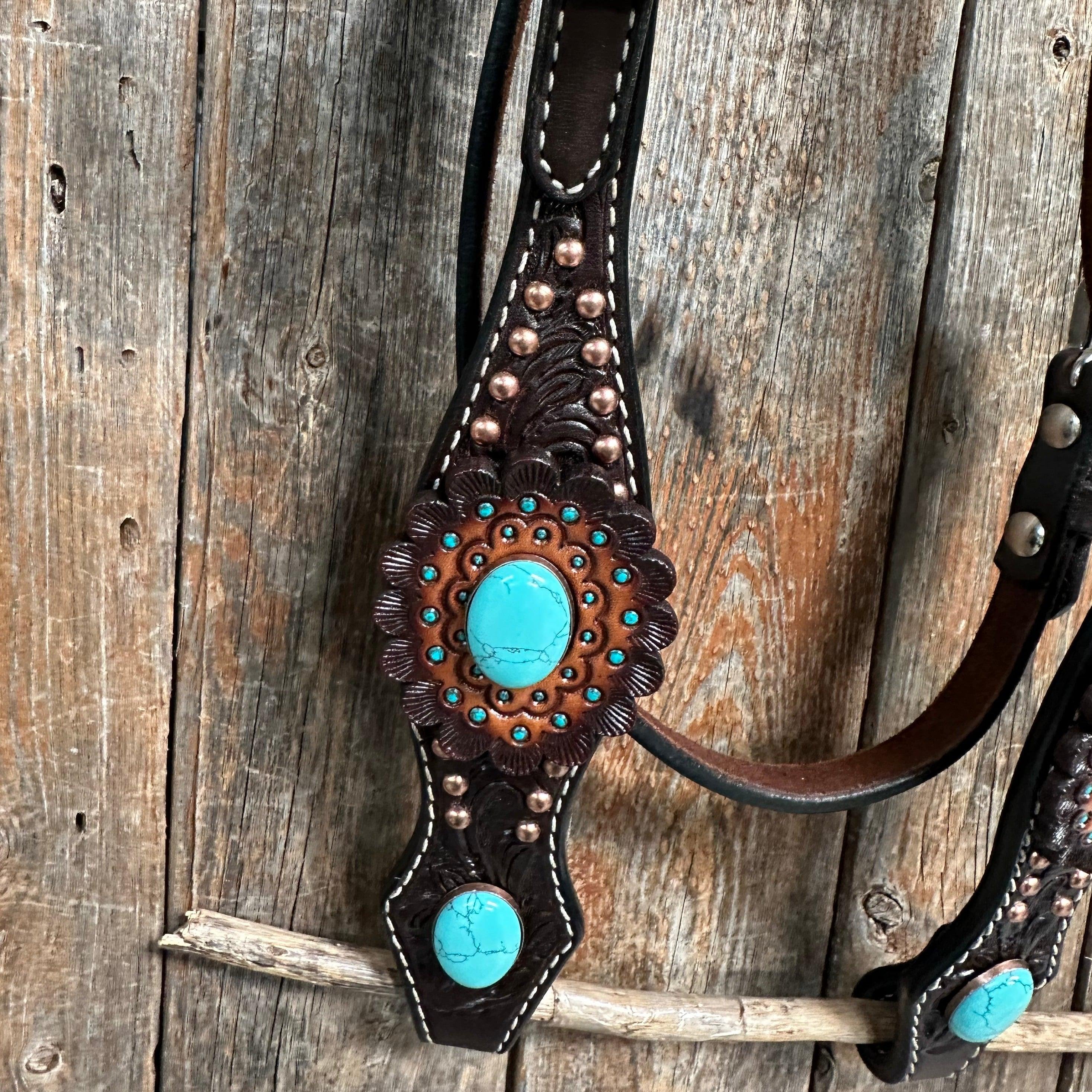 Dark Oil Floral Copper Dot Turquoise Cabochon Browband / Breastcollar #BBBC508 - RODEO DRIVE